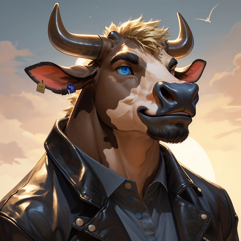 Headshot, handsome male, cow, two pointy horns, gold nose ring, cattle ear tag, heavy muscular build, light brown short messy fringe, ((best quality)), ((masterpiece)), (detailed), perfect face, blonde fur, blue eyes, good eyes, leather jacket, mischievous, semi realistic, warm lighting, sky background, cheeky grin