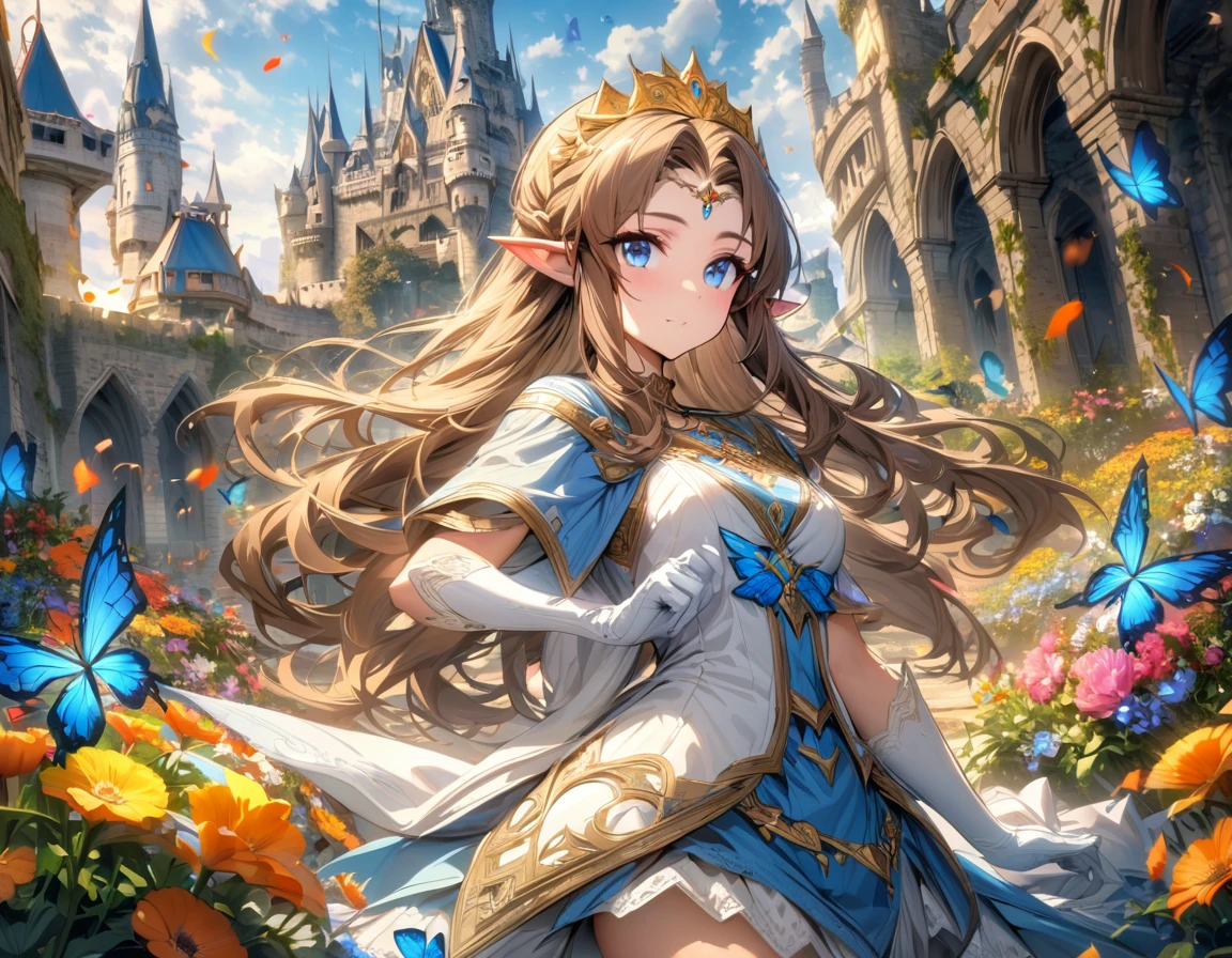 absurdres, highres, ultra detailed, HDR), masterpiece, vibrant blue eyes, 1woman, beautiful, The legend of zelda twilight princess, Princess Zelda, dark brown long hair, wearing a golden tiara with a blue jem, long white gloves, elf, castle, flower garden, butterflies, petals