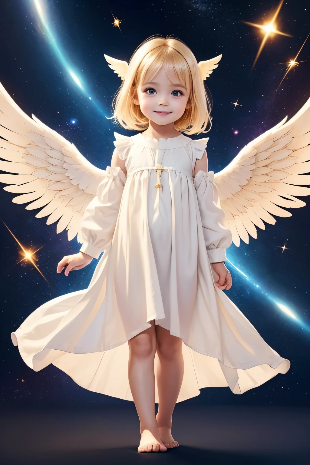 little toddler angel, smile, big eyes, blonde, Neat and loose dress with sleeves, full body, The body is facing straight ahead towards the camera., looking at viewer, A dazzling light from behind, Angel wings on the back, god々A brightly shining space background, Prayer-like pose, Super realistic