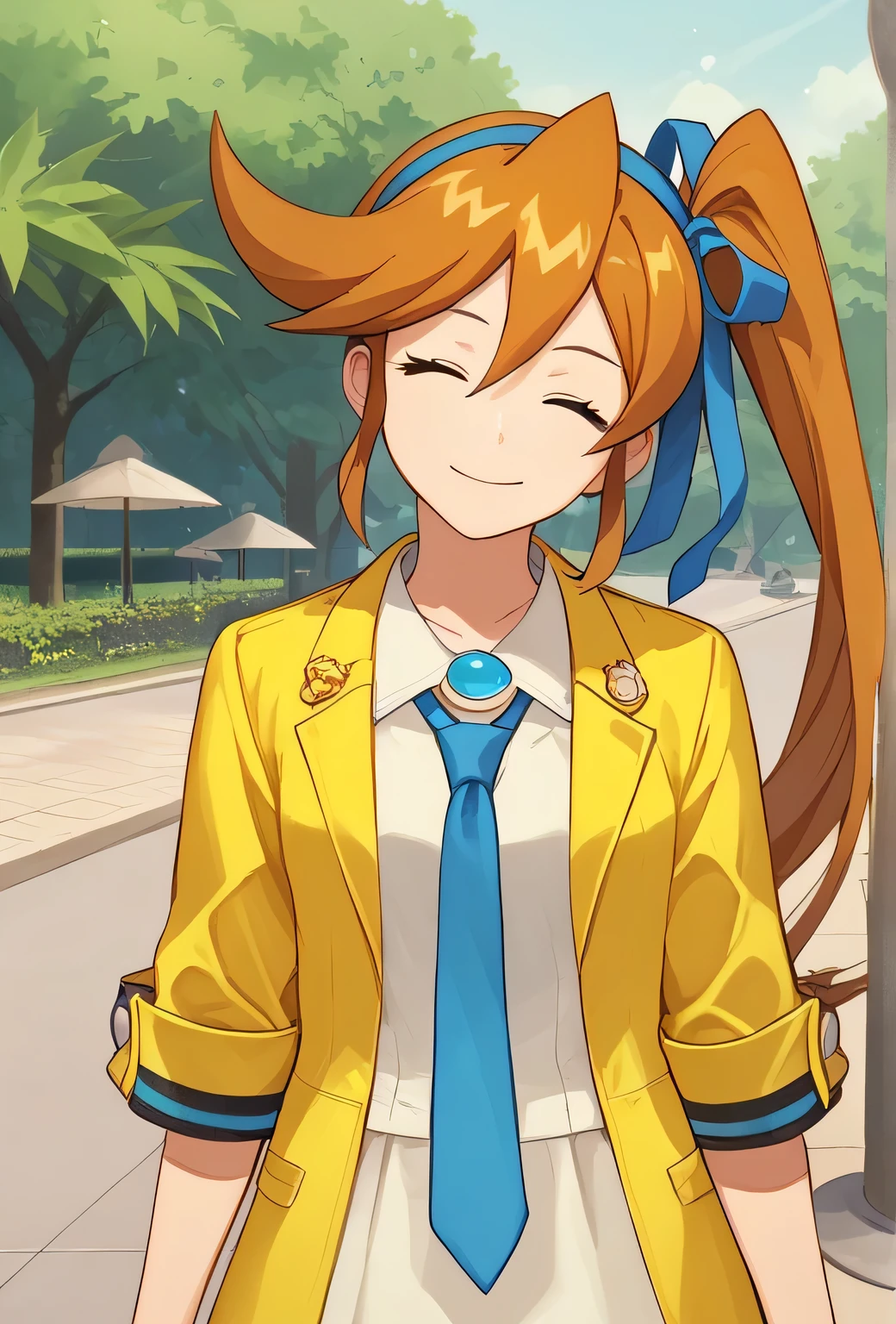 score_9, score_8, score_7, source_anime,
anime, official art,
rating_general,
aacykes, hair ribbon, side ponytail,
necktie, yellow jacket, yellow skirt,
1girl, head tilt, solo, palms together, closed eyes, light smile, blissful, park