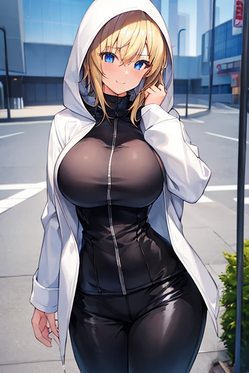 1girl, hood, jacket, hooded jacket, hood on, hood up, blonde hair, large breasts, breasts, thick thighs, hourglass figure, white jacket, black shirt, very short hair, pants, black pants, smile, toned, toned female, urban, mature female, tall, tall female