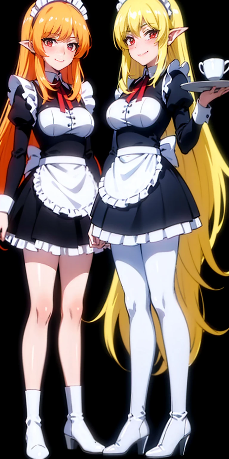 ((black background)) masterpiece, full body standing straight symmetrical, lustful smirking smile face red blush red cheeks, looking at viewer, holding tray, maid headdress, maid, dress, white apron, black long sleeves with white wristband, white pantyhose, really long coffee leather militar boots, thighs, long BLONDE hair, red glowing eyes, pointy ears