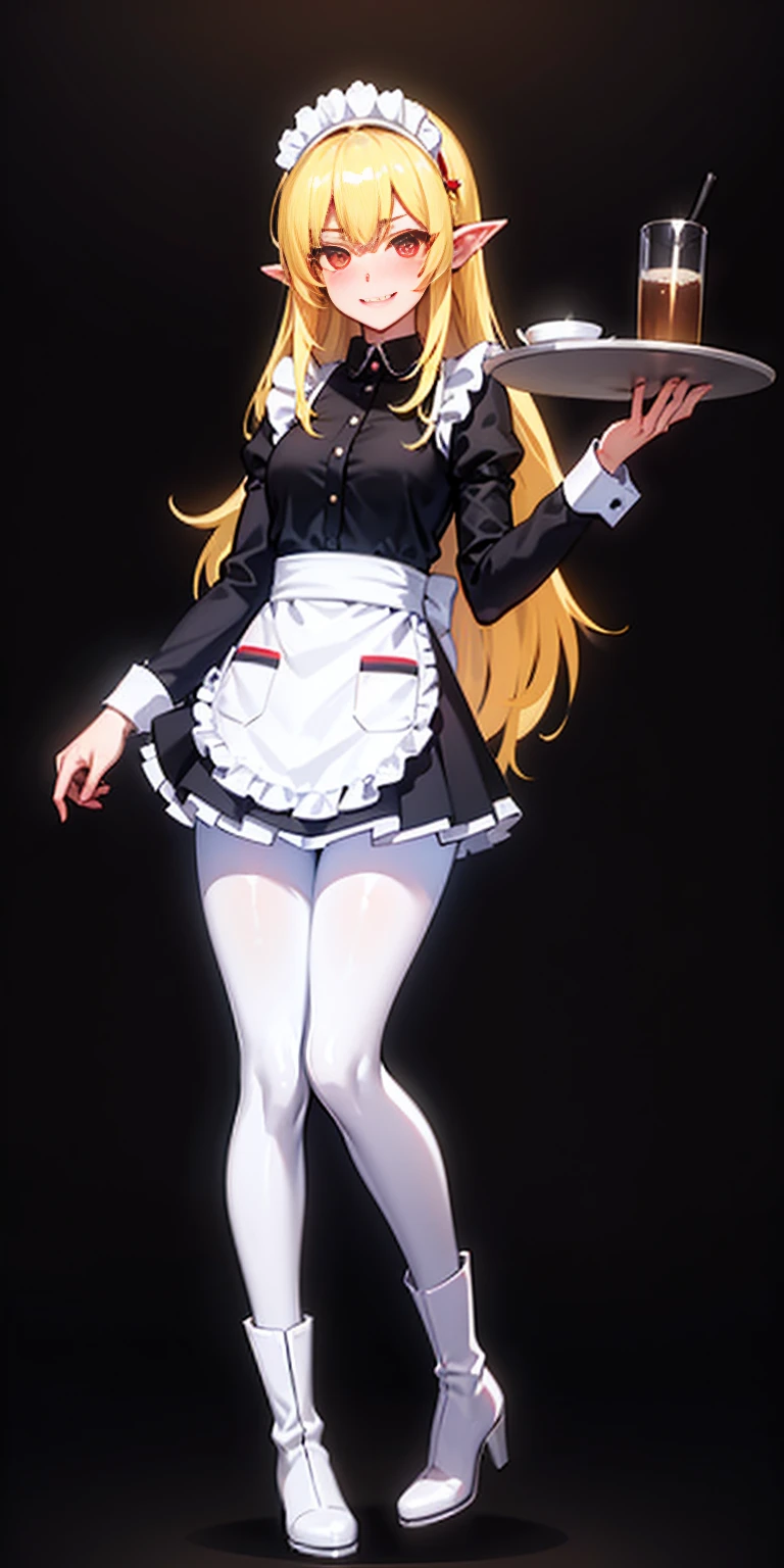 ((black background)) masterpiece, full body standing straight symmetrical, lustful smirking smile face red blush red cheeks, looking at viewer, holding tray, maid headdress, maid, dress, white apron, black long sleeves with white wristband, white pantyhose, really long coffee leather militar boots, thighs, long BLONDE hair, red glowing eyes, pointy ears
