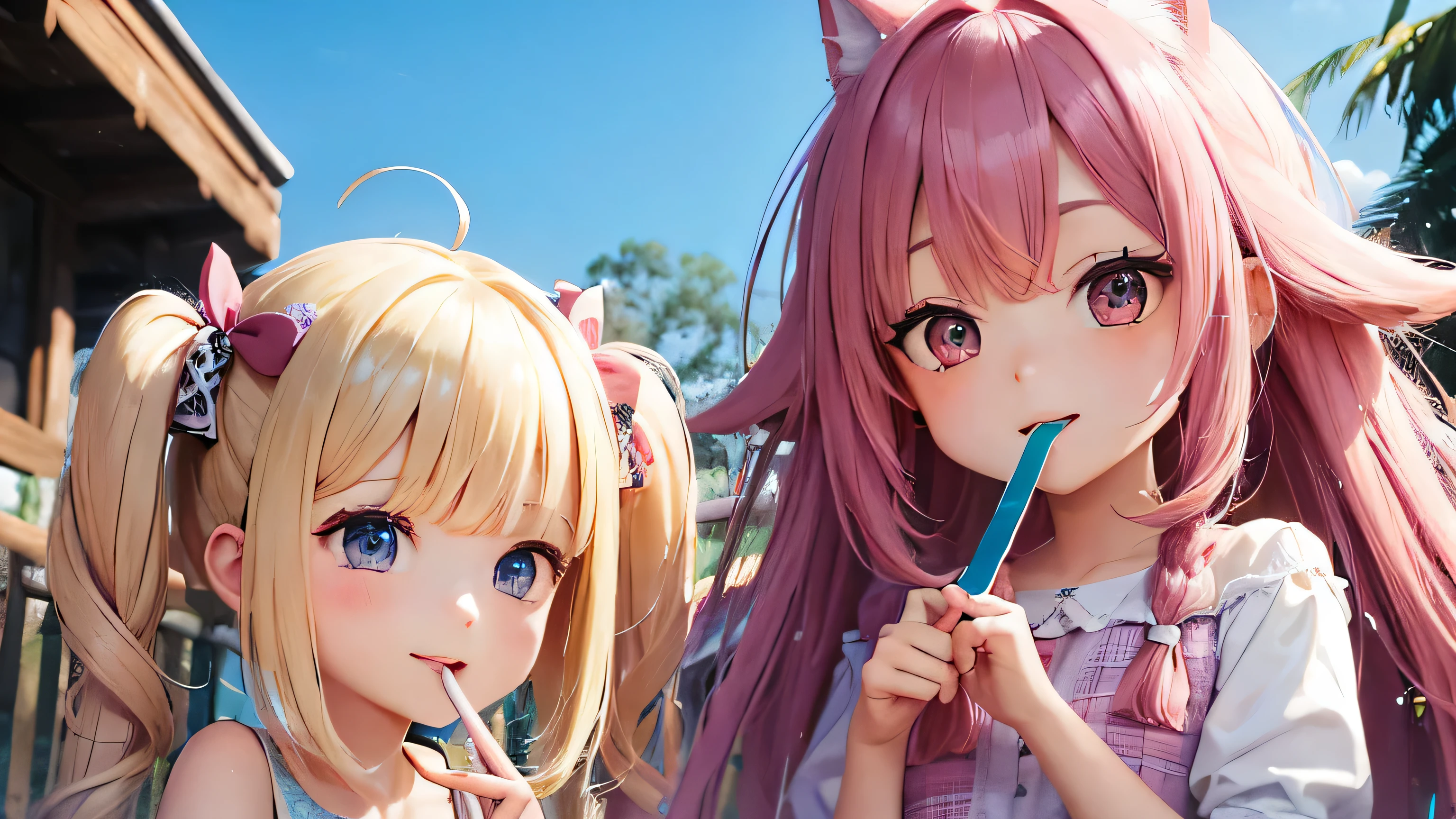 Two very cute 16 year old girls、「A cute girl with long, fluffy pink hair、A figure with big eyes happily eating a thick white ice cream stick with its wide mouth open.」