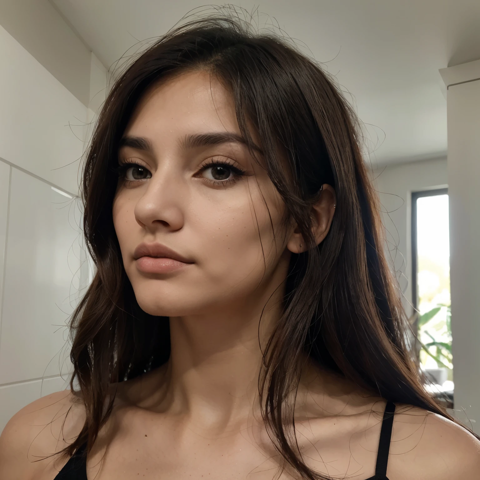 Hombre de ojos grises y rasgados, cabello negro, lacio y largo amarrado en una coleta alta, piel morena, high cheekbones, Aquiline nose, labios delgados y cejas delgadas.