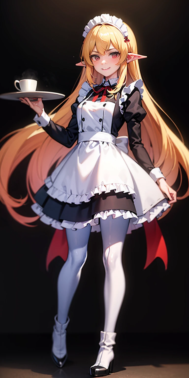 ((black background)) masterpiece, full body standing straight symmetrical, lustful smirking smile face red blush red cheeks, looking at viewer, holding tray, maid headdress, maid, dress, white apron, black long sleeves with white wristband, white pantyhose, really long coffee leather militar boots, thighs, long BLONDE hair, red glowing eyes, pointy ears