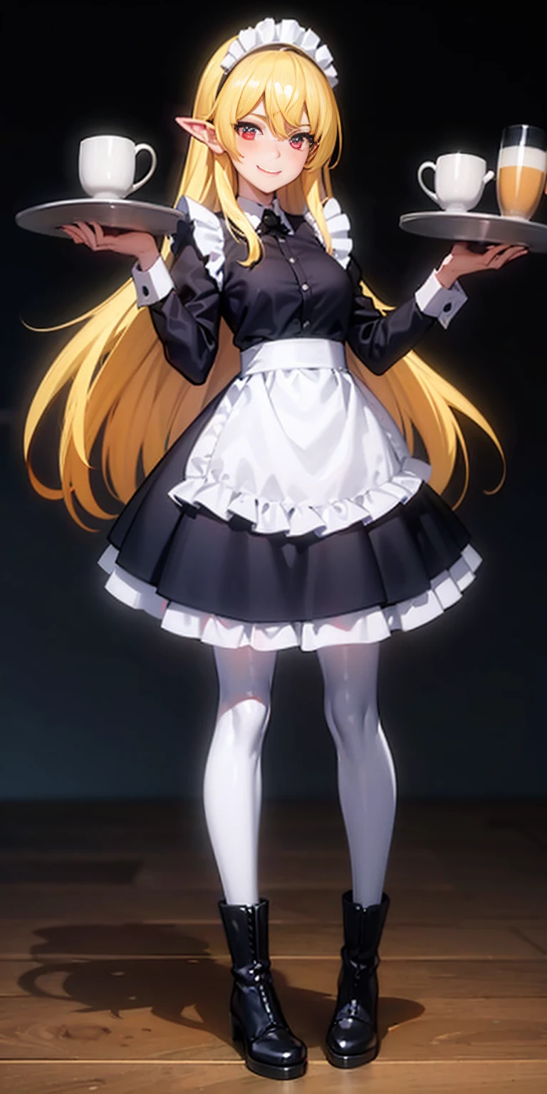 ((black background)) masterpiece, full body standing straight symmetrical, lustful smirking smile face red blush red cheeks, looking at viewer, holding tray, maid headdress, maid, dress, white apron, black long sleeves with white wristband, white pantyhose, really long coffee leather militar boots, thighs, long BLONDE hair, red glowing eyes, pointy ears