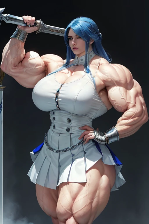 ((((Massive, tall, beautiful, buff, muscular pale white skinned woman with royal blue hair, ginormous bulky muscles, holding a giant Zweihander and wearing a white half buttoned down blouse with pleated skirt)))), ((close-up view)), vascular, massive muscle, massive biceps, hyper muscle shoulders, hyper muscle triceps, (long curly wavy hair), white eyes, (white high heel boots), smirk, white gauntlets, chained belt, (on a island in heaven), Vascular arms, hyper vascular arm, hyper muscles arms, hyper muscle legs, massive arms.