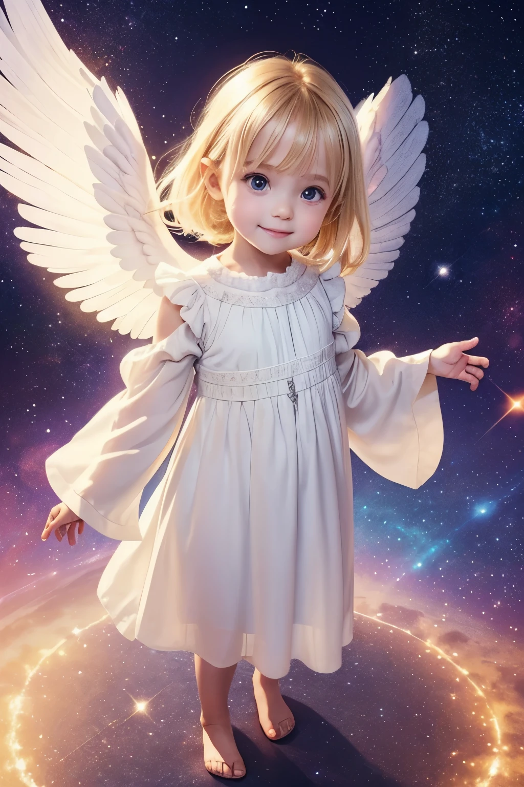 angel, smile, big eyes, blonde, Neat and loose dress with sleeves, full body, The body is facing straight ahead towards the camera., looking at viewer, from above:1.2, A dazzling light from behind, Angel wings on the back, god々A brightly shining space background, Prayer-like pose, Super realistic