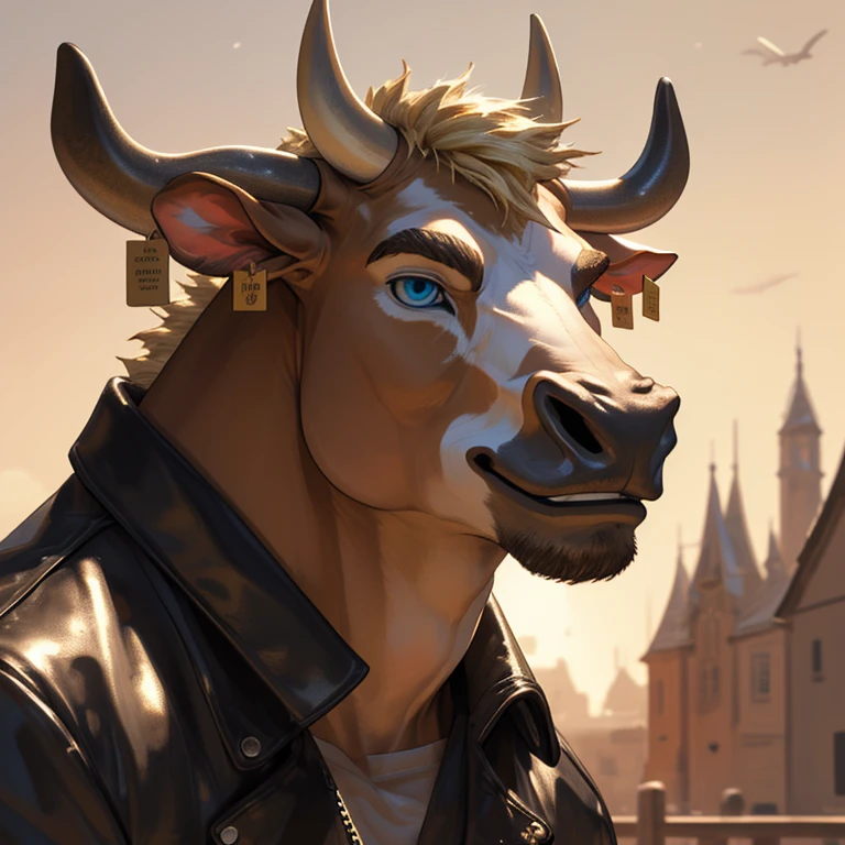 Headshot, handsome male, cow, two pointy horns, gold nose ring, cattle ear tag, heavy muscular build, light brown short messy fringe, ((best quality)), ((masterpiece)), (detailed), perfect face, blonde fur, blue eyes, good eyes, leather jacket, mischievous, semi realistic, warm lighting, sky background, cheeky grin