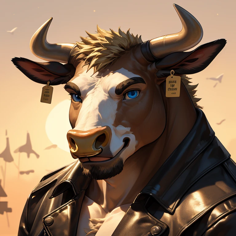 Headshot, handsome male, cow, two pointy horns, gold nose ring, cattle ear tag, heavy muscular build, light brown short messy fringe, ((best quality)), ((masterpiece)), (detailed), perfect face, blonde fur, blue eyes, good eyes, leather jacket, mischievous, semi realistic, warm lighting, sky background, cheeky grin