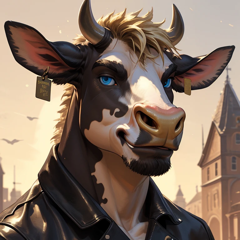 Headshot, handsome male, cow, two pointy horns, gold nose ring, cattle ear tag, heavy muscular build, light brown short messy fringe, ((best quality)), ((masterpiece)), (detailed), perfect face, blonde fur, blue eyes, good eyes, leather jacket, mischievous, semi realistic, warm lighting, sky background, cheeky grin