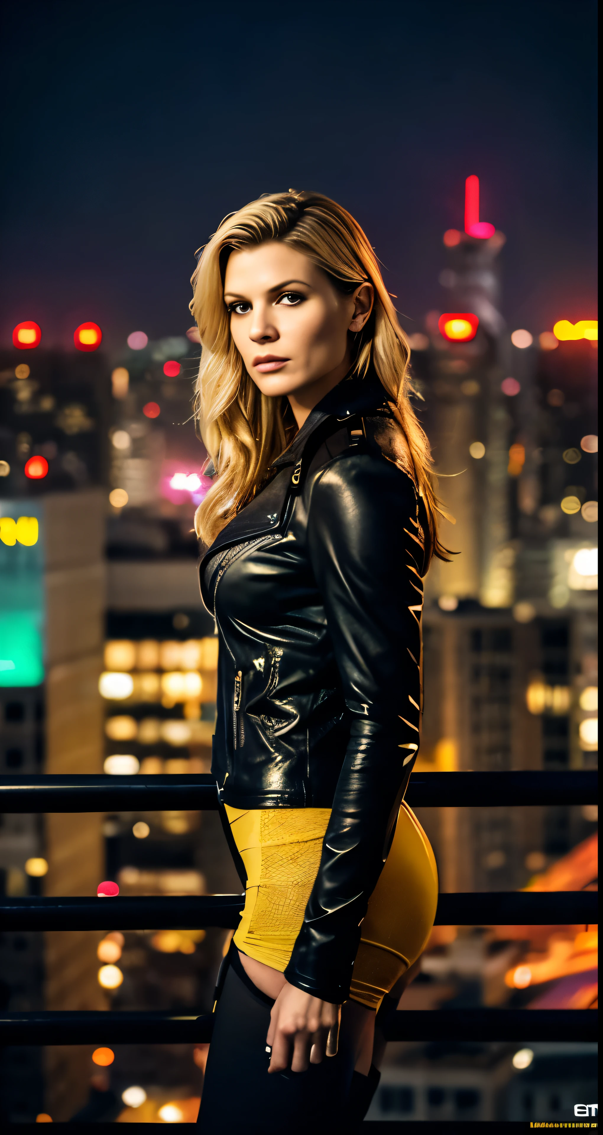 full body woman, A fashion model, Wear a suit, Glamour, paparazzi taking pictures of her, Blonde hair, Brown eyes, elegant leather trouser suit, elegant stilettos, she blows her hair, looks into the light, adjusts her hair, flirtatious, midnigh city, bokeh, 8K, High quality, Masterpiece, Best quality, HD, Extremely detailed, voluminetric lighting, Photorealistic