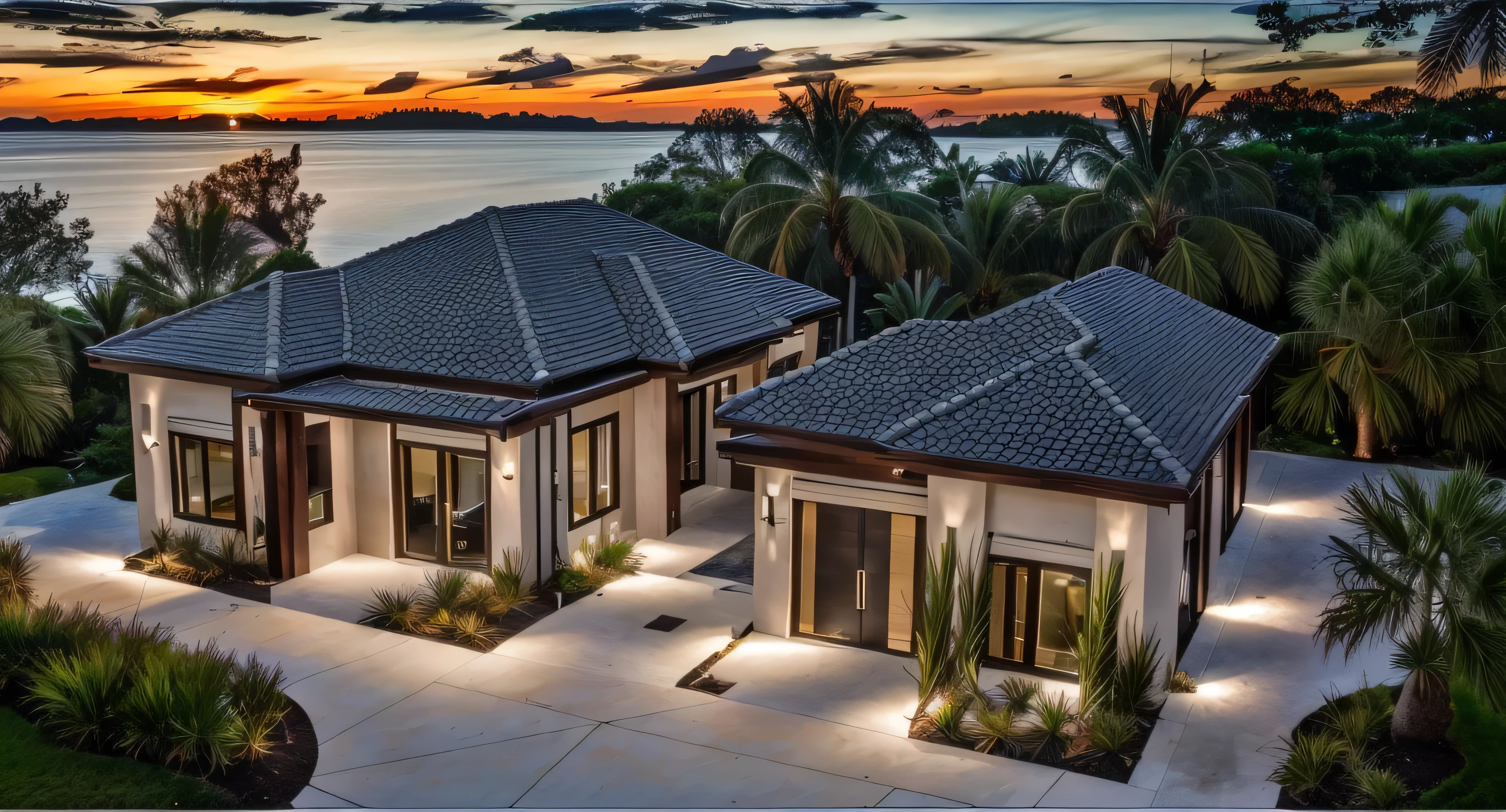 RAW photo,Masterpiece, high quality, best quality, super detail, townhouse, modern house with (tile wall:1.2), glass windows, (wooden ceiling:1.1), railing glass, main door conwood,tropical trees, beautifu sky,sunset, (high detailed :1.2), 16k uhd, dslr, soft lighting, high quality, film grain, 3dmax vray