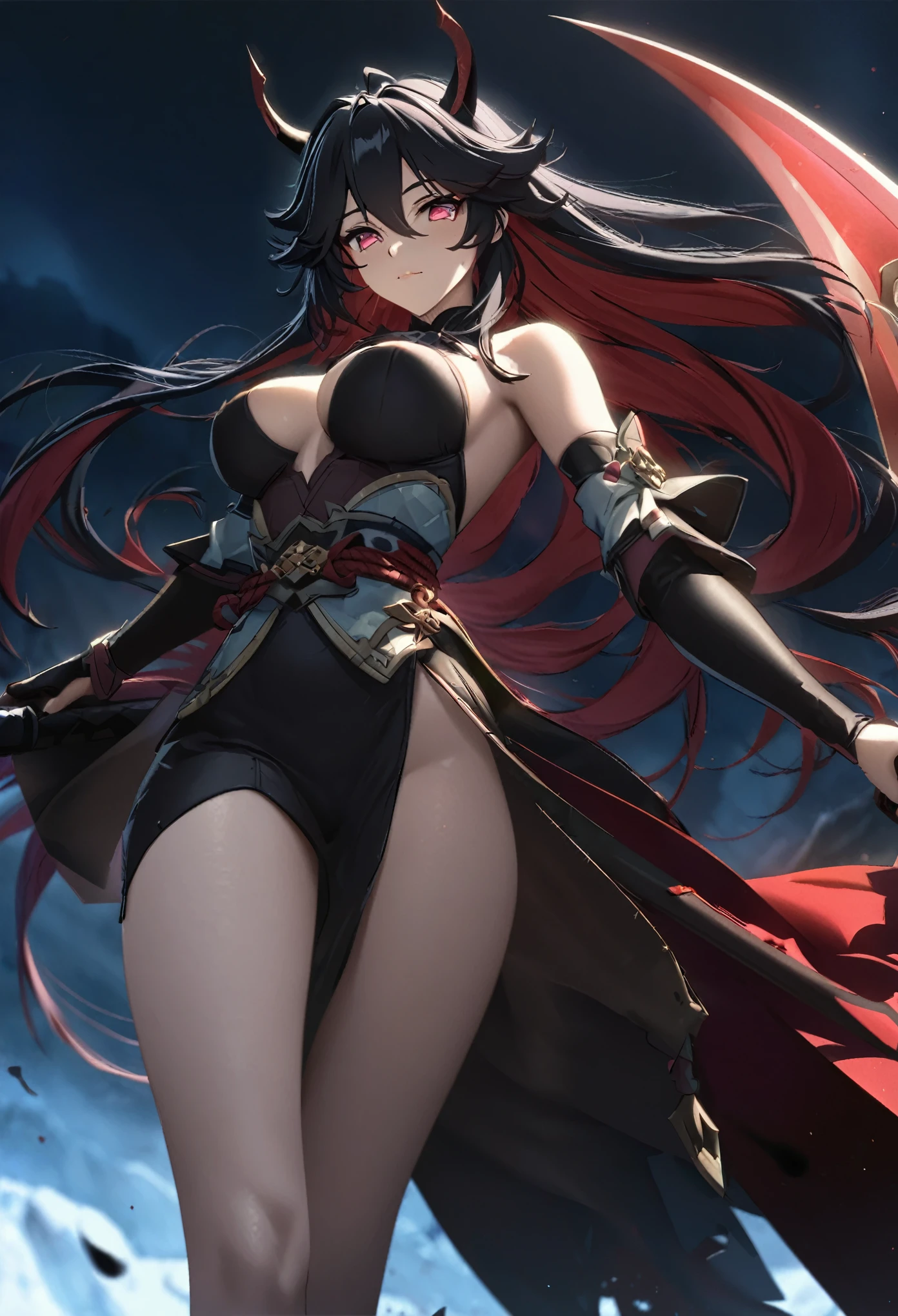 ((solo)), (woman), light tanned skin, cherry red eyes, raven black hair, very long messy hair, vibrant red colored inner hair, (sculpted body), medium-big breasts, thick, mature body, a close up of a person with a scythe in a desolate land detailed key anime art, acheron, casimir art, masamune shiro, masamune, beautiful woman in demon slayer art, genshin, heise jinyao, shadowverse style, (no logos), eclipse, black powers, twilight scenery, detailed clothes, eye reflection, depth of field, cinematic lighting, ray tracing, depth of field, cinematic lighting, ray tracing, UHD, high details, best quality, highres, high quality, award winning, super detail, masterpiece, 8k, UHD, high details, best quality, highres, high quality, award winning, super detail, masterpiece, 8k, digital art, anime coloring