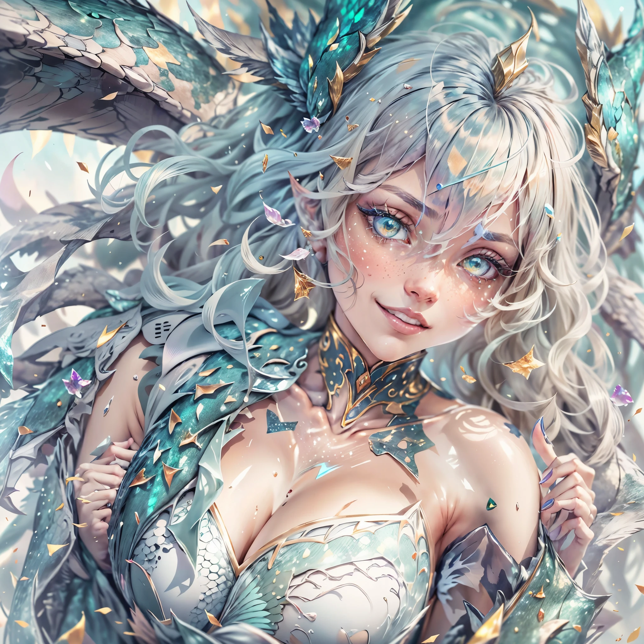 (best quality,4k,8k,highres,masterpiece:1.2, portrait), ultra-detailed, realistic, naked sexy dragon woman with green and blue glittering scales, skin is glittering green and blue scales, medium length wavy green hair with blonde highlights, very playful but mischievous smile, huge tits, gigantic breasts, naked, nude, detailed crotch, detailed vulva, sexy pose, spread legs, playful, bi-coloured eyes, heterochromia, lustful