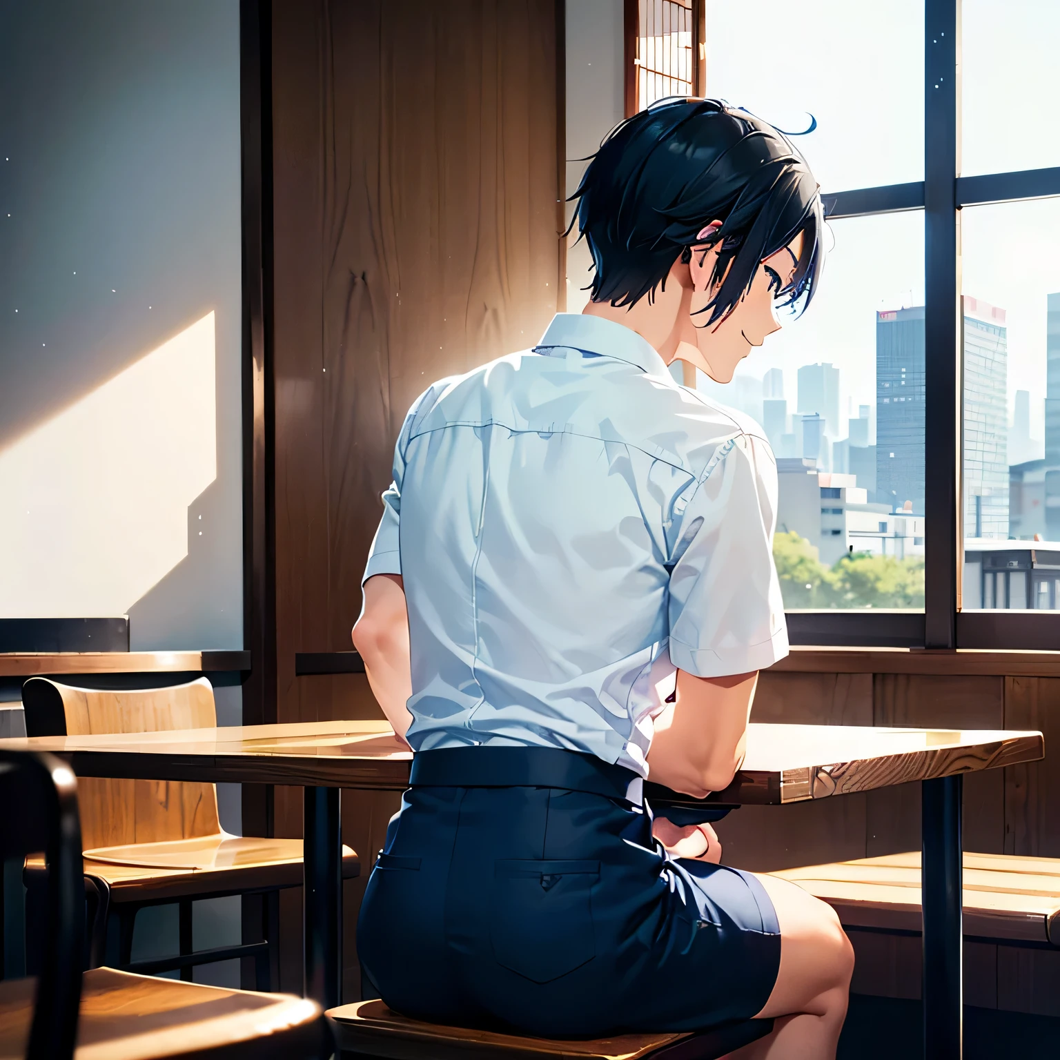 (from behind, back focus),((1man,japanese,30s,cool guy,very short black hair,blue eyes)),solo,(white shirt,dark blue shorts),(sitting in the cafe chair),windy,cinematic lighting, innocent smile,beautiful modern maid cafe,big city,table,chair,window,flowers,