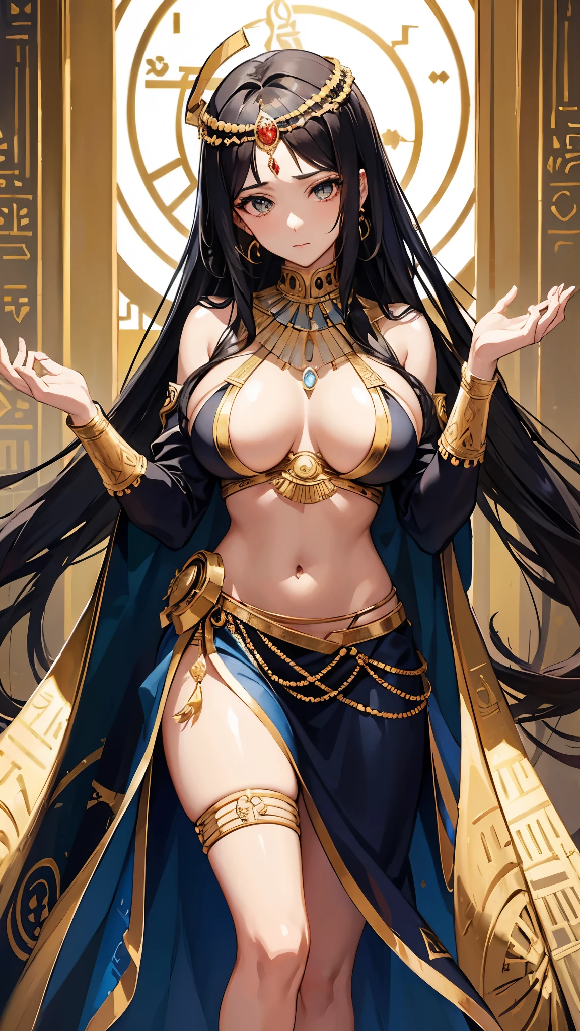 Envision a high-quality 8k anime-style masterpiece that brings to life an ancient Egyptian queen, exuding the mysteries of her era. This queen, reminiscent of the legendary beauty and power of Cleopatra, embodies both the strength and allure of her position. Her long, flowing hair is adorned with the iconic Pharaoh's crown, complemented by symbolic decorations like the Eye of Horus, signifying her divine right to rule and her connection to the gods.

She wears luxurious, historically accurate attire that tastefully accentuates her regal bearing, with a modern anime twist to add a sense of dynamism and allure. Her pose is both commanding and seductive, capturing her multifaceted role as a ruler, diplomat, and symbol of fertility and love, commonly associated with goddesses like Isis.

The backdrop is a detailed rendition of an ancient Egyptian palace interior, with grand columns inscribed with hieroglyphs and the rich, gold-laden ambiance of her court. The Nile and the pyramids are visible through a grand window, underlining her dominion over the land. Special attention should be paid to the textures and materials of her clothing and jewelry, reflecting the opulence and refined craftsmanship of the period.

Her expression conveys intelligence, confidence, and a hint of mystery, inviting viewers to ponder the depth of her thoughts and the complexities of her reign. This illustration should not only celebrate her legendary beauty but also her pivotal role in the history of ancient Egypt, making it a true anime masterpiece that pays homage to one of history's most fascinating figures.
