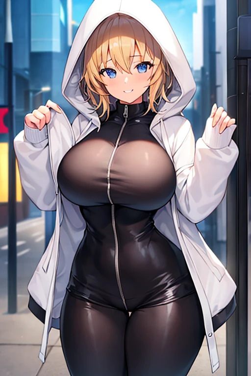 1girl, hood, jacket, hooded jacket, hood on, hood up, blonde hair, large breasts, breasts, wide hips, thick thighs, hourglass figure, white jacket, black shirt, shirt, very short hair, pants, black pants, smile, toned, toned female, urban, mature female, tall, tall female