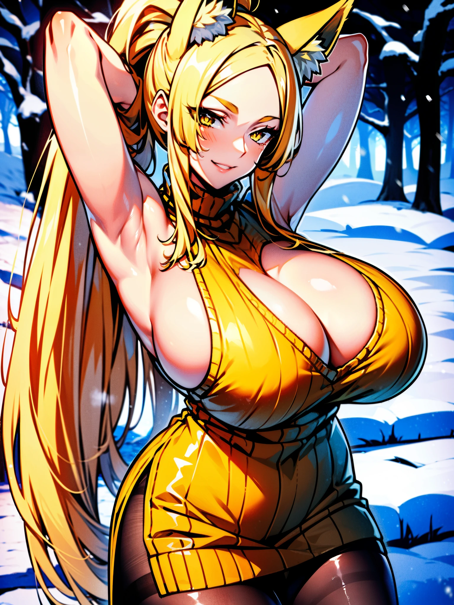 masterpiece, best quality, extremely detailed, 1girl, milf, solo, Yasaka_NDV, (huge breasts:1.5), ((((blonde hair), very long hair, ponytail, yellow eyes, slit pupils, fox ears))), parted lips, (((sweater dress, sleeveless, pantyhose))), ((light smile, sadistic, smirk), closed mouth), ((arms behind head, outdoor, winter, snowing))