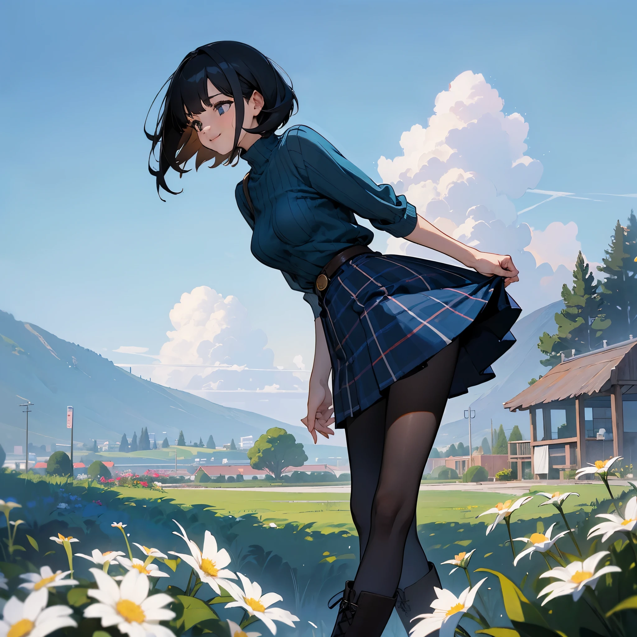 (high quality, High resolution, Super detailed, reality:1.37), peaceful atmosphere, (outdoor, garden ,flower), age girl standing alone, (my breasts are big.), Beautiful detail features, cute smile, (black bob hair), ribbed sweater, blue plaid skirt, black tights, brown boots.