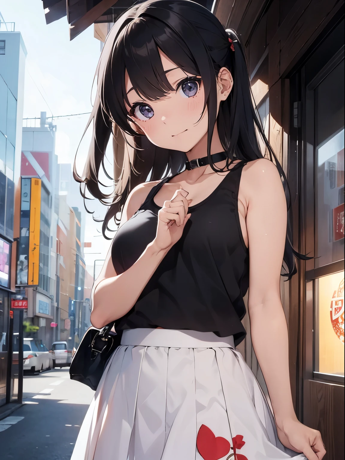 absurderes、ultra-detailliert、masterpiece、top-quality、BREAK、Official art、(Beautifully Aesthetic:1.2)、wearing ,black eyes,(watercolor paiting:straight)、BREAK、Devilish Pretty Girl 1.2、a beauty girl、(kawaii:⒈3)long hair、18 years old、BREAK、(black hair:1.4、))、striated hair、((Random hairstyle))Splash(Fractal art 1.3)、BREAK、Cat's ears、BREAK、(Ultra-detailed hands and fingers:1.2)、Carefully written hands and fingers、BREAK、humanoide、D-cups、BREAK、cleavage of the breast:1.2、((Tank top with super detail and embroidery pattern、pleatedskirt:1.5))BREAK、((BREAK、black eyes))、BREAK、Since a while ago:1.2、Look at viewers、BREAK、((Inside the city:1.4))、BREAK、Ultra-detailed Shibuya sunset、Shyness、red blush、Happy smiling face、BREAK、Shibuya、BREAK、Stick your butt out and sing、BREAK、 wearing