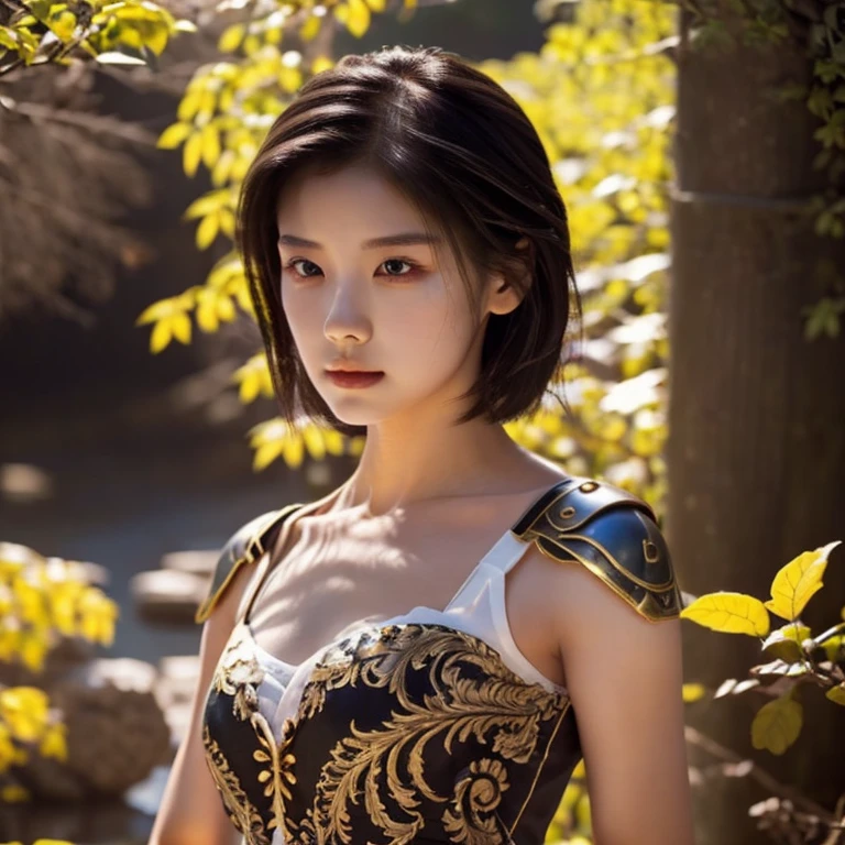 A beautiful girl with a sharp face, fierce eyes, dark eyebrows, short black hair, broad shoulders, a straight chest, thin waist, large hips, honey-colored skin, wearing four-gold iron armor mixed with black, carved with a pattern, holding a sword in her right hand.