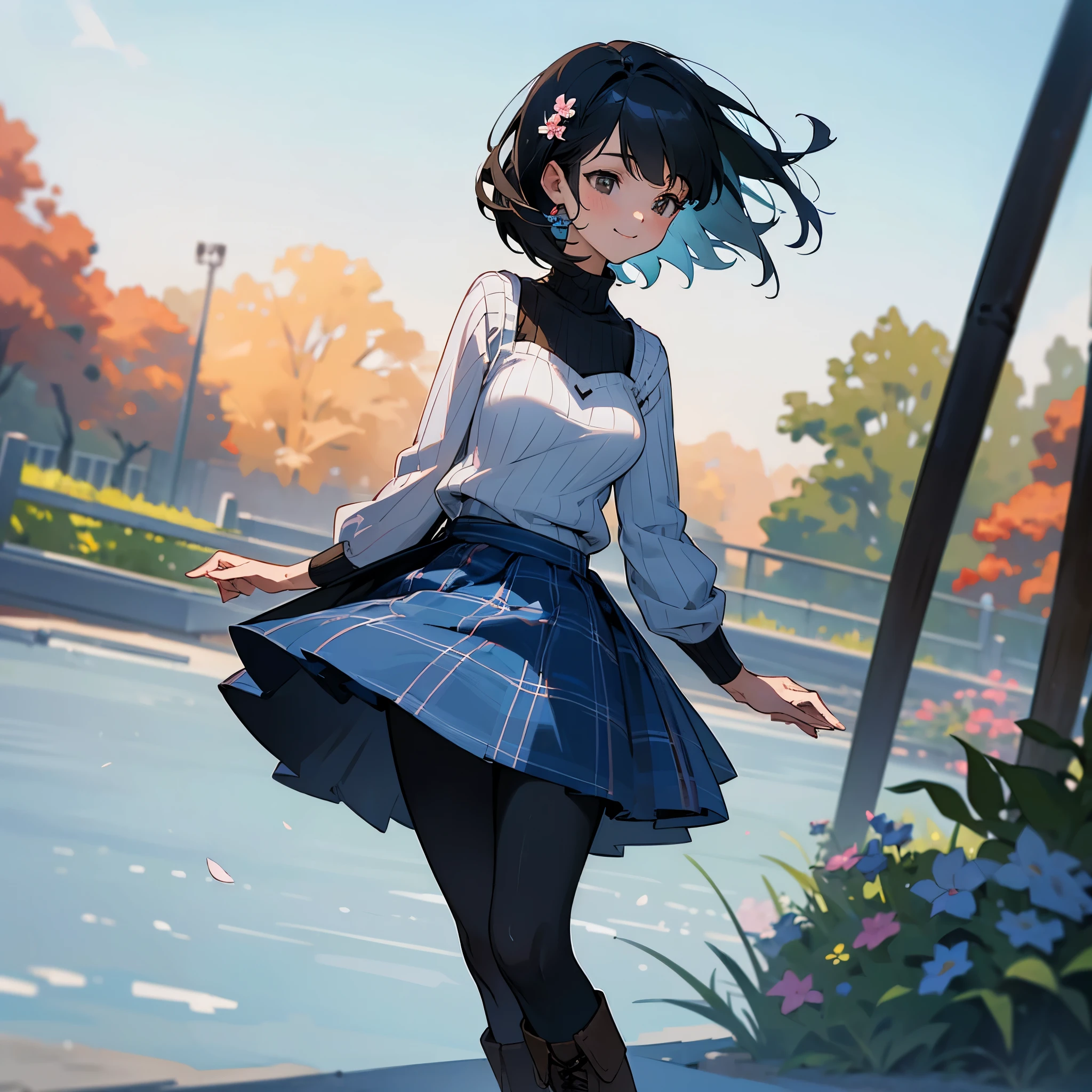 (high quality, High resolution, Super detailed, reality:1.37), peaceful atmosphere, (outdoor, garden ,flower), teenage girl standing alone, (my breasts are big.), Beautiful detail features, cute smile, (black bob hair), ribbed sweater, blue plaid skirt, black tights, brown boots.