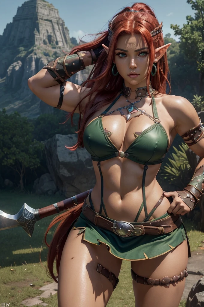 8K, (masterpiece, Best Quality) cowboy shot of a barbarian elf (Like the real thing) realistic skin, Looking at Viewer, Short hair, green mohawk hair, cleavage, Jewelry, small full breasts, Upper body, whole body, arma ,earrings, armor, Hair over one eye,Green eyes, short elf ears, shoulder armor, Realistic, at high resolution, Masterpiece, A hyper-realistic, Fantasyart, character art, cinestill 800, alluring glance, A sexy closeup, combat scene, action scene, action pose, dynamic pose, Rugged look, Glaring at the viewer, Slender and muscular body, Split abs, long thin muscular legs, ((ultra quality)), ((tmasterpiece)), 1girl, barbarian elf, ((Red, redhair)), (Beautiful cute face), (beautiful female lips), Charming, ((serious expression)), looks at the camera with a gentle smile, eyes are slightly closed, (skin color white), Body glare, ((detailed beautiful female eyes)), ((dark green eyes)), (juicy female lips), (beautiful female hands), ((perfect female hands)), ((perfect female figure)), perfect female body, Beautiful waist, gorgeous big thighs, Beautiful little breasts, ((Subtle and beautiful)), seductively sits, (closeup face), ((Barbarian outfit, Barbarian armor, Viking Weapons)), background: city park, Beautiful sunset, ((Depth of field)), ((high quality clear image)), (crisp details), ((higly detailed)), Realistic, Professional Photo Session, ((Clear Focus)), the anime