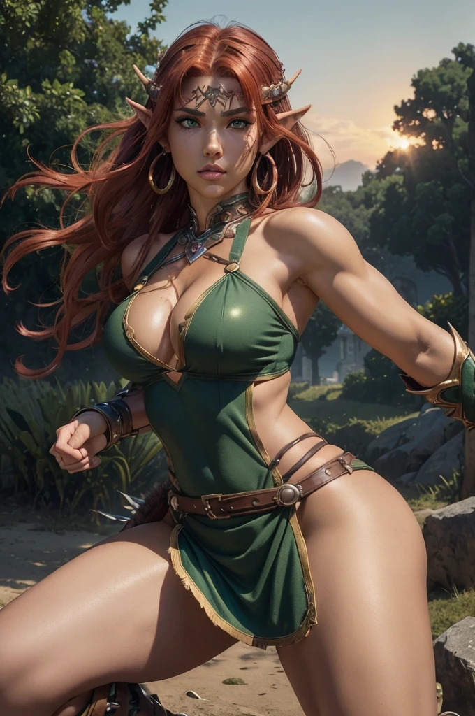 8K, (masterpiece, Best Quality) cowboy shot of a barbarian elf (Like the real thing) realistic skin, Looking at Viewer, Short hair, green mohawk hair, cleavage, Jewelry, small full breasts, Upper body, whole body, arma ,earrings, armor, Hair over one eye,Green eyes, short elf ears, shoulder armor, Realistic, at high resolution, Masterpiece, A hyper-realistic, Fantasyart, character art, cinestill 800, alluring glance, A sexy closeup, combat scene, action scene, action pose, dynamic pose, Rugged look, Glaring at the viewer, Slender and muscular body, Split abs, long thin muscular legs, ((ultra quality)), ((tmasterpiece)), 1girl, barbarian elf, ((Red, redhair)), (Beautiful cute face), (beautiful female lips), Charming, ((serious expression)), looks at the camera with a gentle smile, eyes are slightly closed, (skin color white), Body glare, ((detailed beautiful female eyes)), ((dark green eyes)), (juicy female lips), (beautiful female hands), ((perfect female hands)), ((perfect female figure)), perfect female body, Beautiful waist, gorgeous big thighs, Beautiful little breasts, ((Subtle and beautiful)), seductively sits, (closeup face), ((Barbarian outfit, Barbarian armor, Viking Weapons)), background: city park, Beautiful sunset, ((Depth of field)), ((high quality clear image)), (crisp details), ((higly detailed)), Realistic, Professional Photo Session, ((Clear Focus)), the anime