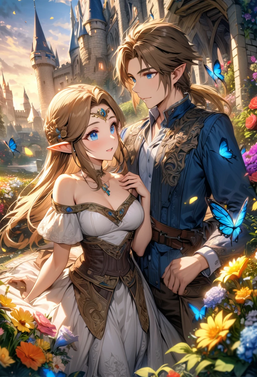 absurdres, highres, ultra detailed, HDR), masterpiece, vibrant blue eyes, Link, dark brown short hair, The legend of zelda twilight princess, Princess Zelda, dark brown long hair, a handsome man together with a beautiful woman, couple, elf, castle, flower garden, butterflies, petals