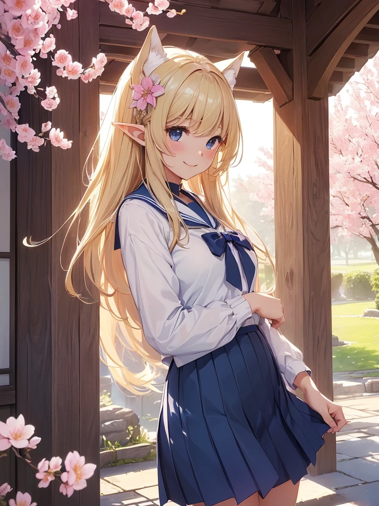 highest quality、Highest image quality、masterpiece、beautiful横顔、、Titania、Super beautiful elf beauty((22 years old OL big bust、bust 90,アイロンのかかったbeautiful長い髪、blonde、Height: 165cm。slender、、Esbian、morning、clear sky、High quality、beautifulart、bag、canopy、Canopy、background)muste piece、ビジュアルart、Depth of the bounds written、、elf ears、、Lightのmagic、beautifulmorningの空、A happy smile、穏やかなLight、Elven Forest、cherry blossoms、、elegant、ティッカーbeautiful装飾的な、Japanese high school、mystical、、Light、　the sky、beautiful、日本のbeautiful学生服、navy blue skirt、sailor suit、school gate、myth、ART、Lord of the Ring、sexy、friendly smile、Fantastic、cherry blossoms、舞い散るflowerびら、cherry blossomsのflower、magic、magicのLight、fantasy、flower、super REALITYMany roseagic、、Grow fantasy、、mysteryのLight、、art、art,mystery,UHD,magicalgentle light,、