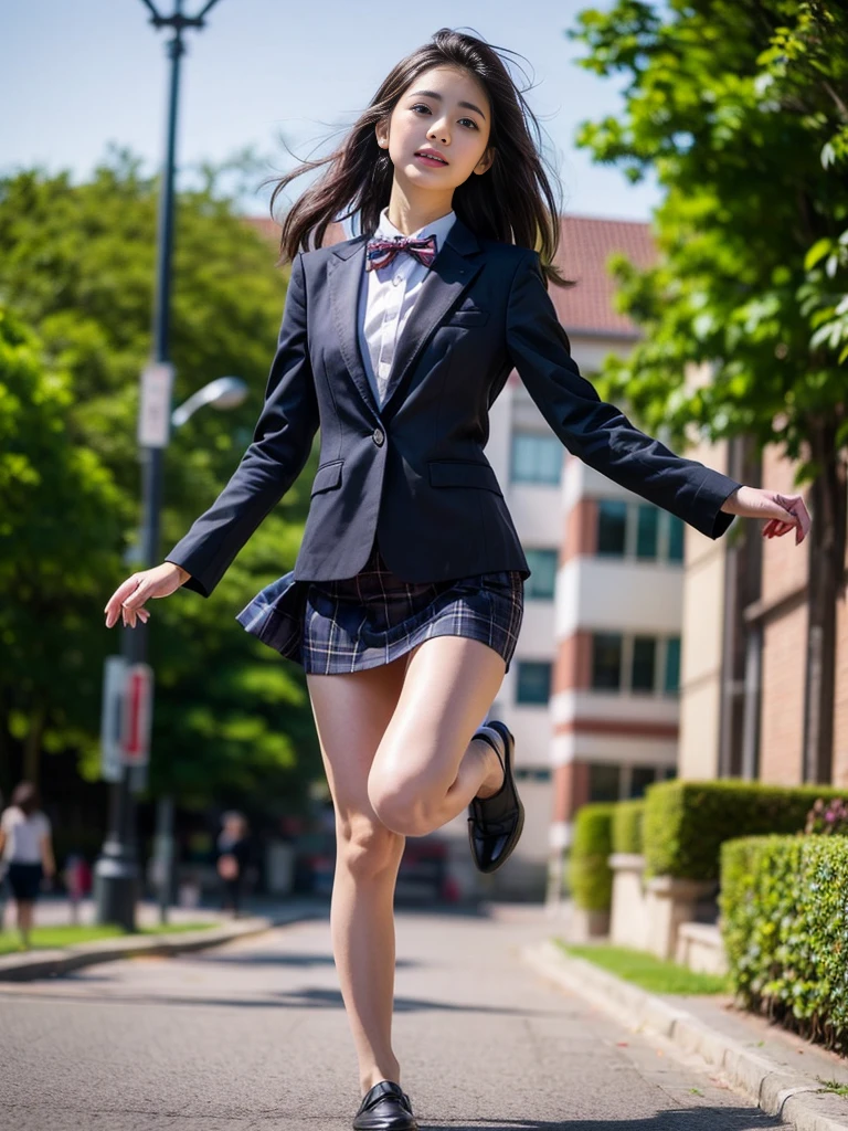 (masterpiece, highest quality:1.4), award-winning portraits, 8K, 85mm, alone, beautiful face, delicate girl, , (dark navy blazer jacket), dark navy skirt, long sleeve, violaces, gardenia, grace, Sophisticated, cute, teen, looking at the viewer, , Raw photo, disorganized, HDR, sharp focus, A bow tie, background bokeh、(((flat 、thin and delicate body、A childish atmosphere)))、shiny semi-long hair、hair swaying in the wind、Mole on the left cheek、large, round, dark blue eyes、full body、random pose、Run、(sprinting、Skirt fluttering in the wind)、Junior idol、Nogizaka Idol、widening skirt、jump、mole under eye、Jumping into the audience with open arms、((An empty park square))