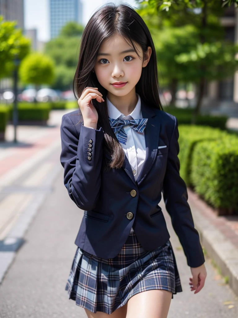 (masterpiece, highest quality:1.4), award-winning portraits, 8K, 85mm, alone, beautiful face, delicate girl, , (dark navy blazer jacket), dark navy skirt, long sleeve, violaces, gardenia, grace, Sophisticated, cute, teen, looking at the viewer, 15 years old, Raw photo, disorganized, HDR, sharp focus, A bow tie, background bokeh、(((flat 、thin and delicate body、A childish atmosphere)))、shiny semi-long hair、hair swaying in the wind、Mole on the left cheek、large, round, dark blue eyes、full body、random pose、Run、(sprinting、Skirt fluttering in the wind)、Junior idol、Nogizaka Idol、widening skirt、jump、mole under eye、Jumping into the audience with open arms、((An empty park square))