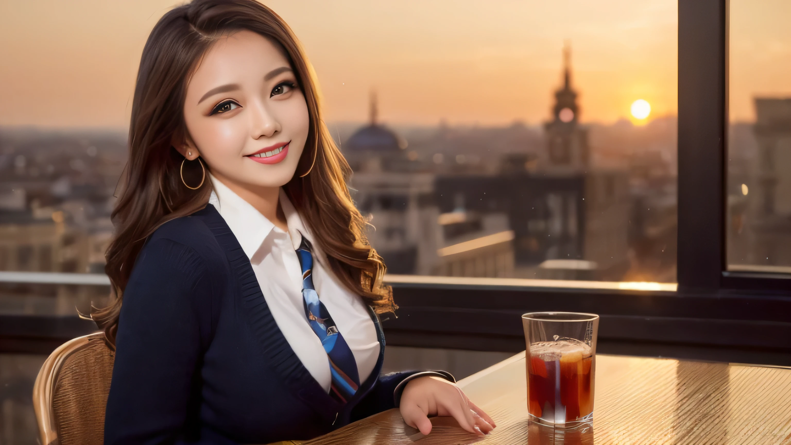 ((highest quality, table top, 超A high resolution、the most complex and detailed depiction))、1 、16-year-old、expensive ,sluty school girl uniform、cowboy shot、hair swaying in the wind、Recreating the perfect details of Madrid、romantic madrid sunset、beautiful sunset on background、Detailed background of madrid、big ben madrid、Please look at me、Detailed and clear background、big and full breasts、best smile、The happiest smile、beautiful sunset、amazing sunset、perfect makeup、long wavy hair