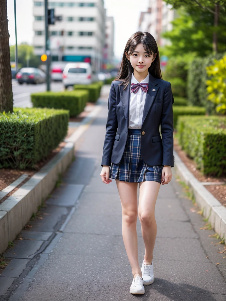 (masterpiece, highest quality:1.4), award-winning portraits, 8K, 85mm, alone, beautiful face, delicate girl, , (dark navy blazer jacket), dark navy skirt, long sleeve, violaces, gardenia, grace, Sophisticated, cute, teen, looking at the viewer, 15 years old, Raw photo, disorganized, HDR, sharp focus, A bow tie, background bokeh、(((flat 、thin and delicate body、A childish atmosphere)))、shiny semi-long hair、hair swaying in the wind、Mole on the left cheek、large, round, dark blue eyes、full body、random pose、Run、sprinting、Skirt fluttering in the wind、Junior idol、Nogizaka Idol、widening skirt、jump、mole under eye、