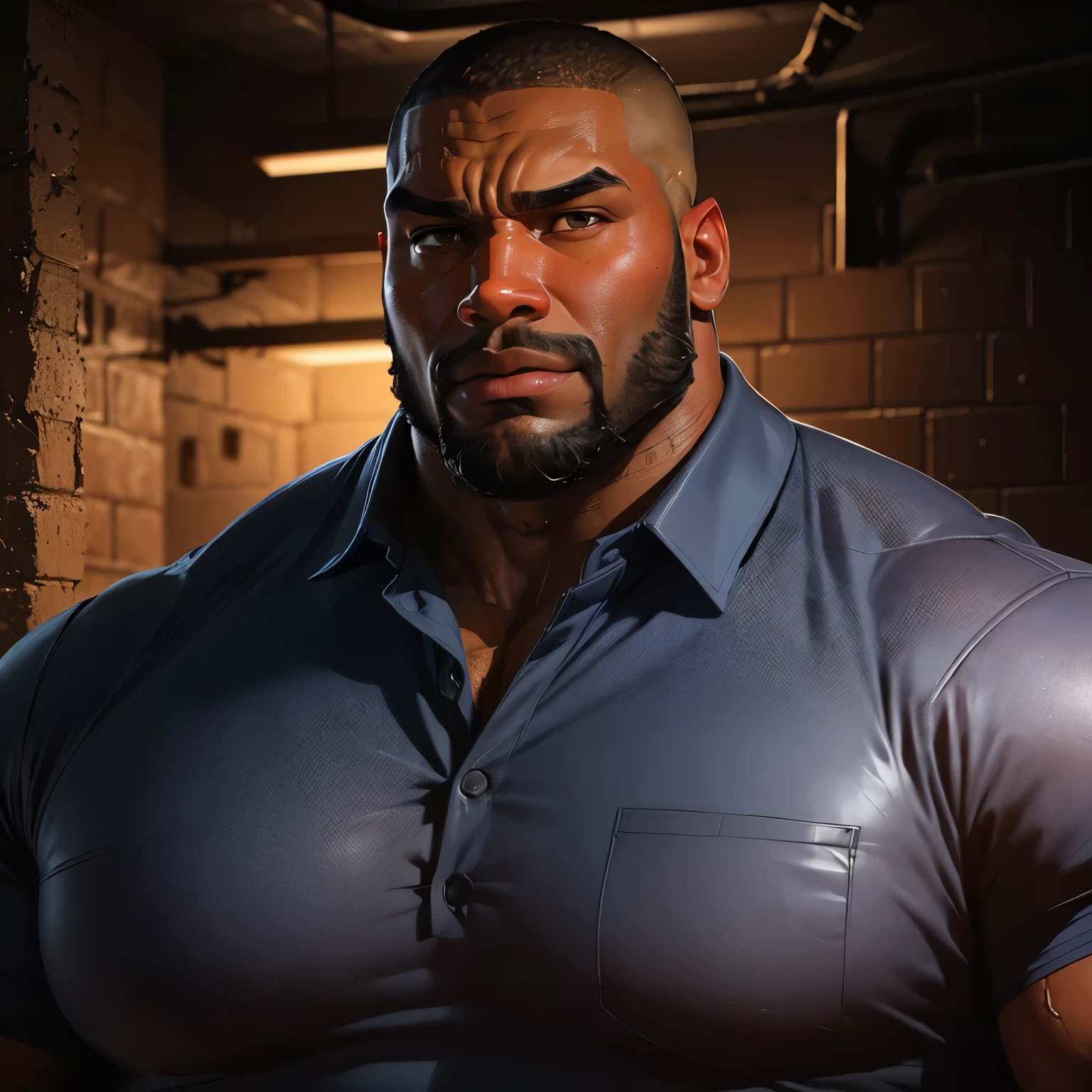 an exaggeratedly muscular and large bodyguard, beefy build, beard, dark-skinned african american male, surprised expression, buzzcut hair with square line, (wearing navy collared shirt 1.2), (bara pecs: 1.3), (arm and chest hair: 1.1), close-up portrait HD, (grungy wet underground sewers)
