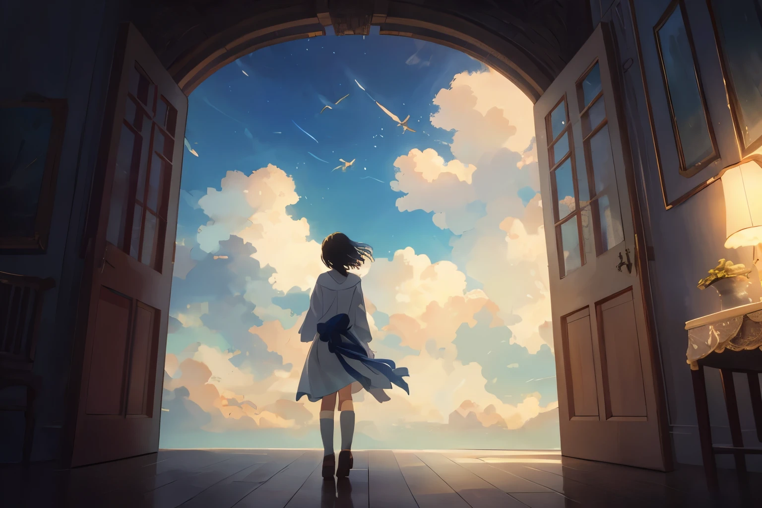 Create exquisite illustrations reminiscent of Makoto Shinkai's style, It has ultra-fine details and top-notch quality. Create a high-quality illustration featuring a beautiful girl discovering a door amidst a nostalgic sea of clouds. The scene should exude a sense of nostalgia and fantasy, with intricate details capturing the ethereal beauty of the moment. Pay close attention to elements such as the soft, billowing clouds surrounding the mysterious door, the curious expression on the girl's face as she encounters the unexpected discovery, and the overall atmosphere of wonder and enchantment. Aim to evoke a feeling of magical realism, where the boundary between reality and imagination blurs, drawing viewers into a captivating and immersive world. best quality, masterpiece