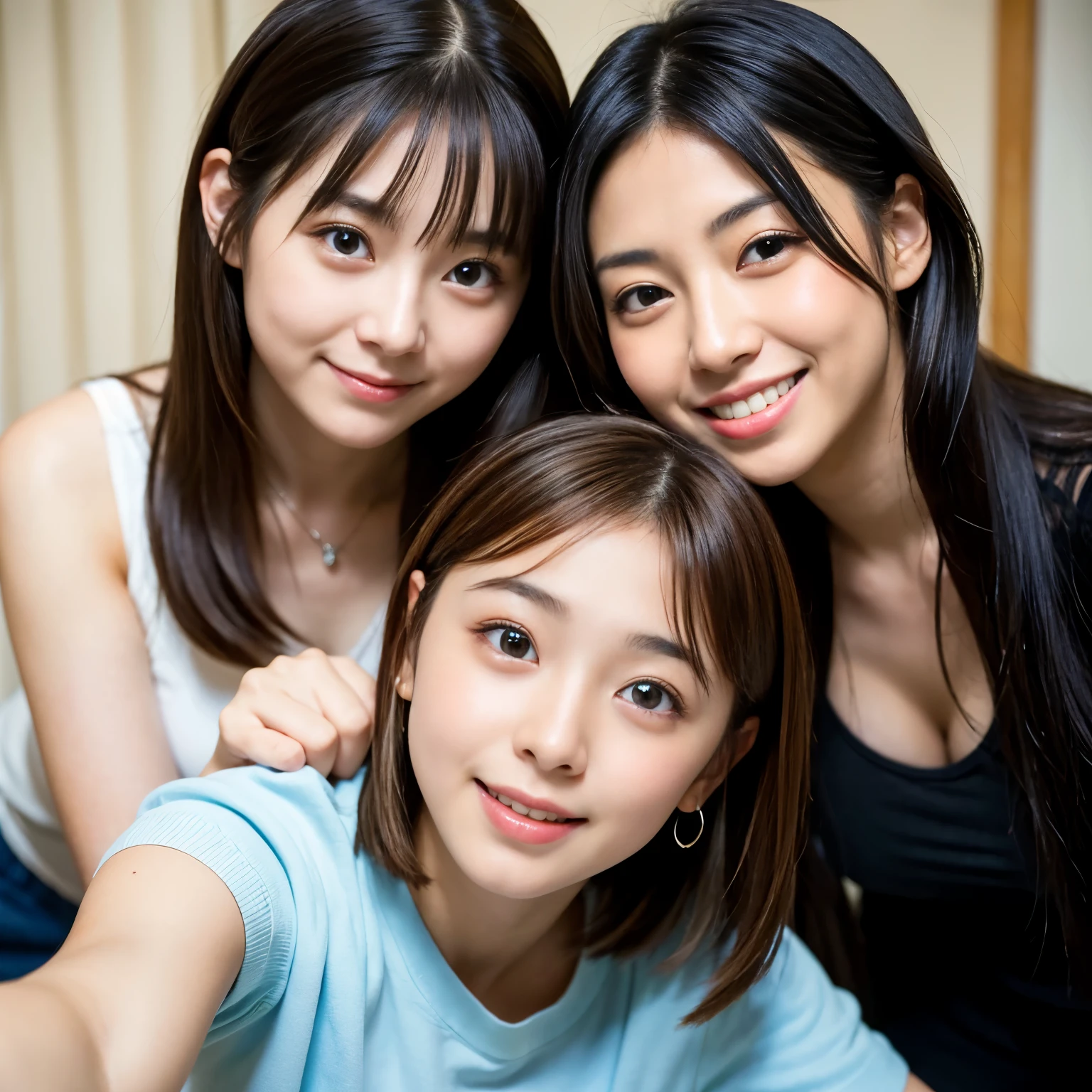 Best-quality, Masterpiece, Ultra-High-Resolution, (Photorealistic:1.4), Raw-Photo,
2-girls, lesbian-couple is relaxing at home, 12-years-old girl and 30-years-old woman,
(The 12-year-old girl is the most famous Japanese idol, extremely beautiful short-cut-haired, extremely cute face like the most popular Japanese idol, extremely beautiful big-eyes, innocent-smile),
(The 30-year-old woman is the most famous Japanese actress, extremely beautiful long-hair, extremely beautiful face like the most popular Japanese actress, extremely beautiful big-eyes, grinning)