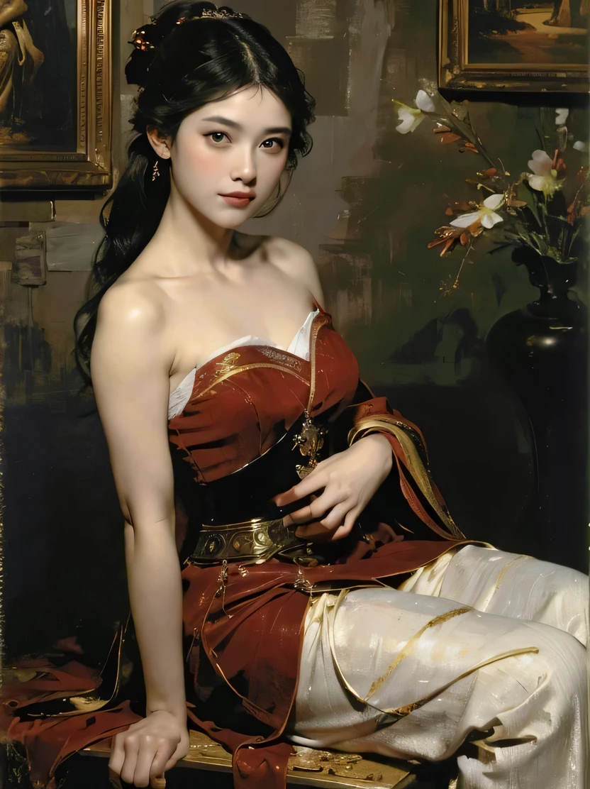 ((masterpiece、highest quality、Super detailed、High resolution、sharp focus、cinematic lighting))、((1 female、middle shot))、long black hair woman、exquisite features、chignon、Hairpin、red chinese style dress、plain wall background、((renaissance classic oil painting style))、put your hands on your hips、sit on a stool、((view audience、Detailed hand depiction))、Fechin、oil painting