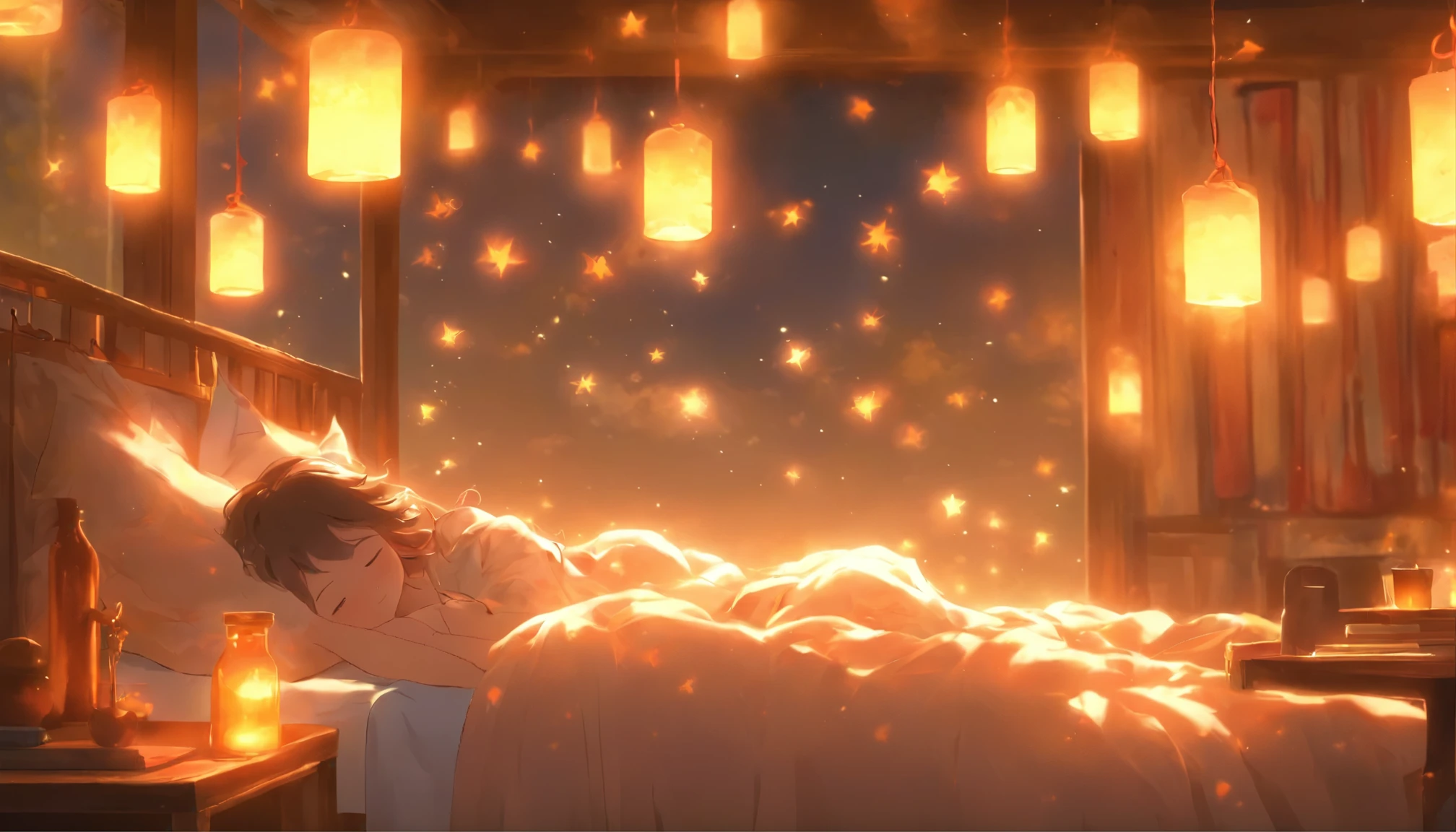 (peaceful dream,밤의 tranquility함,tranquility,restful sleep),(highest quality,very detailed,realistic),(painting),(Twinkle Star,gentle moonlight),(soft pillow,comfortable bed,dreamy atmosphere),(tranquility,luxurious sleep),(peaceful and quiet),(subtle colors,dark and warm tones),(soft and diffused lighting)