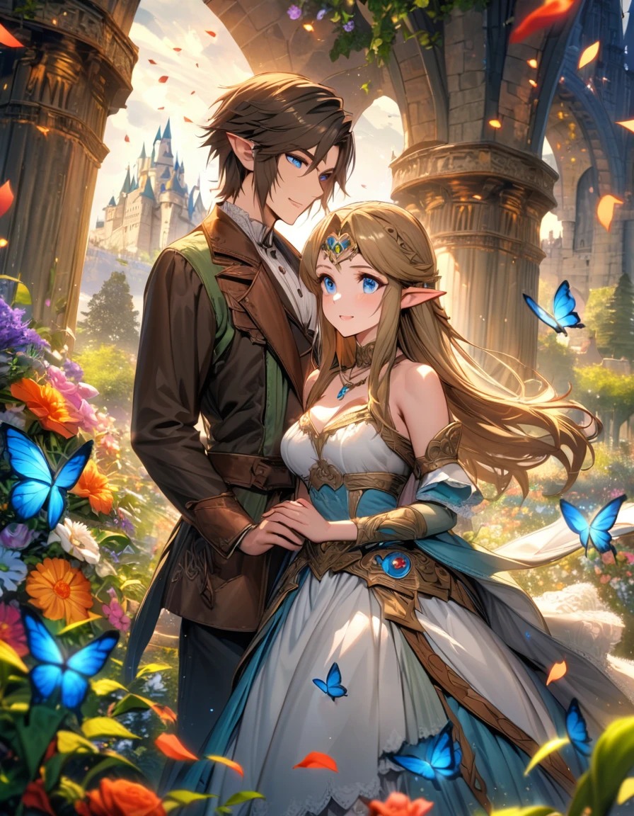 absurdres, highres, ultra detailed, HDR), masterpiece, vibrant blue eyes, Link, dark brown short hair, The legend of zelda twilight princess, Princess Zelda, dark brown long hair, a handsome man together with a beautiful woman, couple, elf, castle, flower garden, butterflies, petals