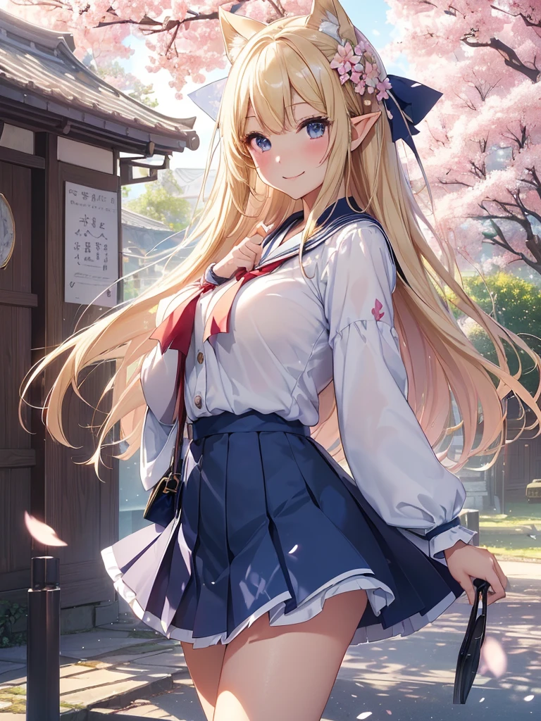highest quality、Highest image quality、masterpiece、beautiful横顔、、Titania、Super beautiful elf beauty((22 years old OL big bust、bust 90,アイロンのかかったbeautiful長い髪、blonde、Height: 165cm。slender、、Esbian、morning、clear sky、High quality、beautifulart、bag、canopy、Canopy、background)muste piece、ビジュアルart、Depth of the bounds written、、elf ears、、Lightのmagic、beautifulmorningの空、A happy smile、穏やかなLight、Elven Forest、cherry blossoms、、elegant、ティッカーbeautiful装飾的な、Japanese high school、Going to school、mystical、、Light、　the sky、beautiful、日本のbeautiful学生服、navy blue skirt、sailor suit、school gate、myth、ART、Lord of the Ring、sexy、friendly smile、Fantastic、cherry blossoms、舞い散るflowerびら、cherry blossomsのflower、magic、magicのLight、fantasy、flower、super REALITYMany roseagic、、Grow fantasy、、mysteryのLight、、art、art,mystery,UHD,magicalgentle light,、