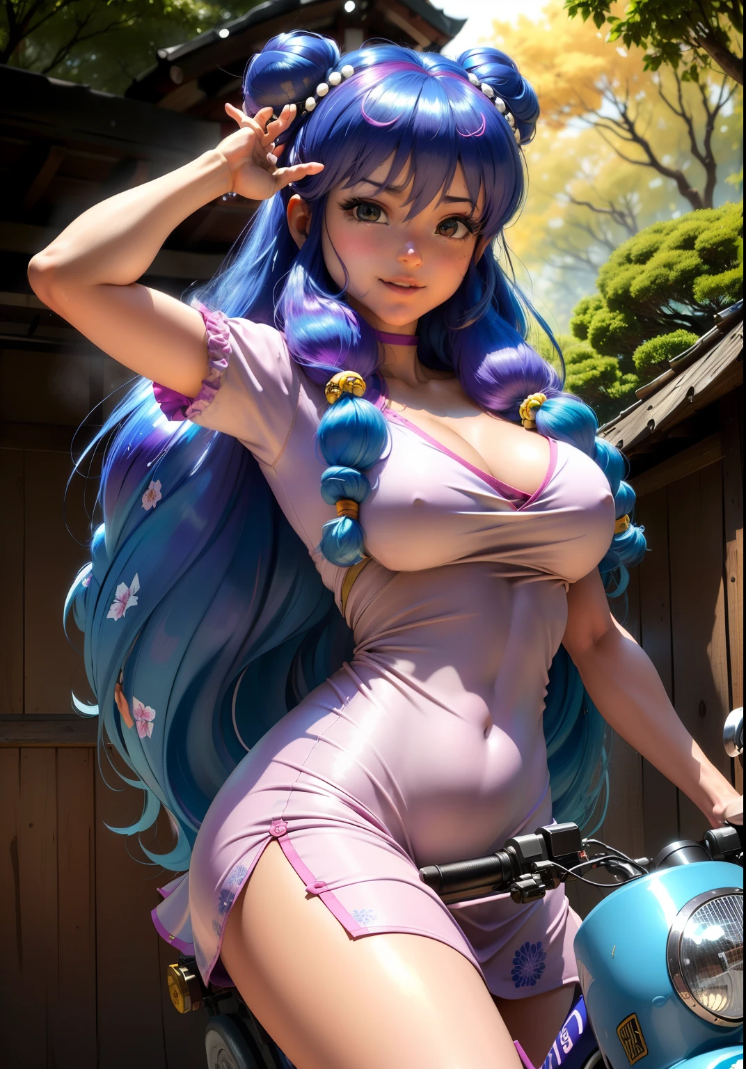 (shampoowaifu: 1), lindo, sonrisa, pose casual, cabello lila, provocativa,ojos desafiantes, ojos brillantes, traje largo chino, vestido, montando bicicleta, repartiendo comida a domicilio
(realista: 1.2), (realismo), (obra maestra: 1.2), (mejor calidad), (ultra detallado), (8k, 4k, intrincado), (disparo de cuerpo completo: 1), (85 mm), light particules, (muy detallado: 1.2), (cara detallada: 1.2), (degradados), ojos lila coloridos y detallados
(Japanese Garden House)(fondo detallado), (Angle Dynamic: 1.2), (dynamic pose: 1.2),