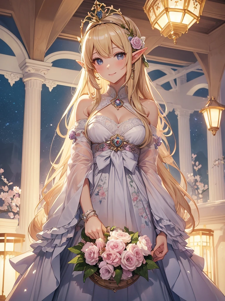 highest quality、Highest image quality、masterpiece、beautiful profile、、Titania、Super beautiful elf beauty((22 years old OL big bust、bust 90,beautiful long ironed hair、blonde、Height: 165cm。slender、sexy、Esbian、beautiful tiara、night、High quality、美しいart、美しいflower瓶、tea、byzantineart、beautiful decorated book、canopy、Canopy、background)muste piece、ビジュアルart、Depth of the bounds written、、elf ears、、Lightのmagic、beautiful morning sky、A happy smile、穏やかなLight、Elven Forest、cherry blossoms、、elegant、ticker beautiful decorative、marble columnystical rosa、Rose、flower瓶magicのflower、flowerを作るmagic、Light、 the sky、beautiful dressy、beautiful dress、table、、myth、ART、Lord of the Ring、sexy、friendly smile、Fantastic、cherry blossoms、舞い散るflowerびら、cherry blossomsのflower、magic、magicのLight、fantasy、flower、super REALITYたくさんのRose、magic、、Grow fantasy、、mysteryのLight、byzantine、Art nouveau、alphonse Mucha、、art、art,mystery,UHD,magicalgentle light,sexy、