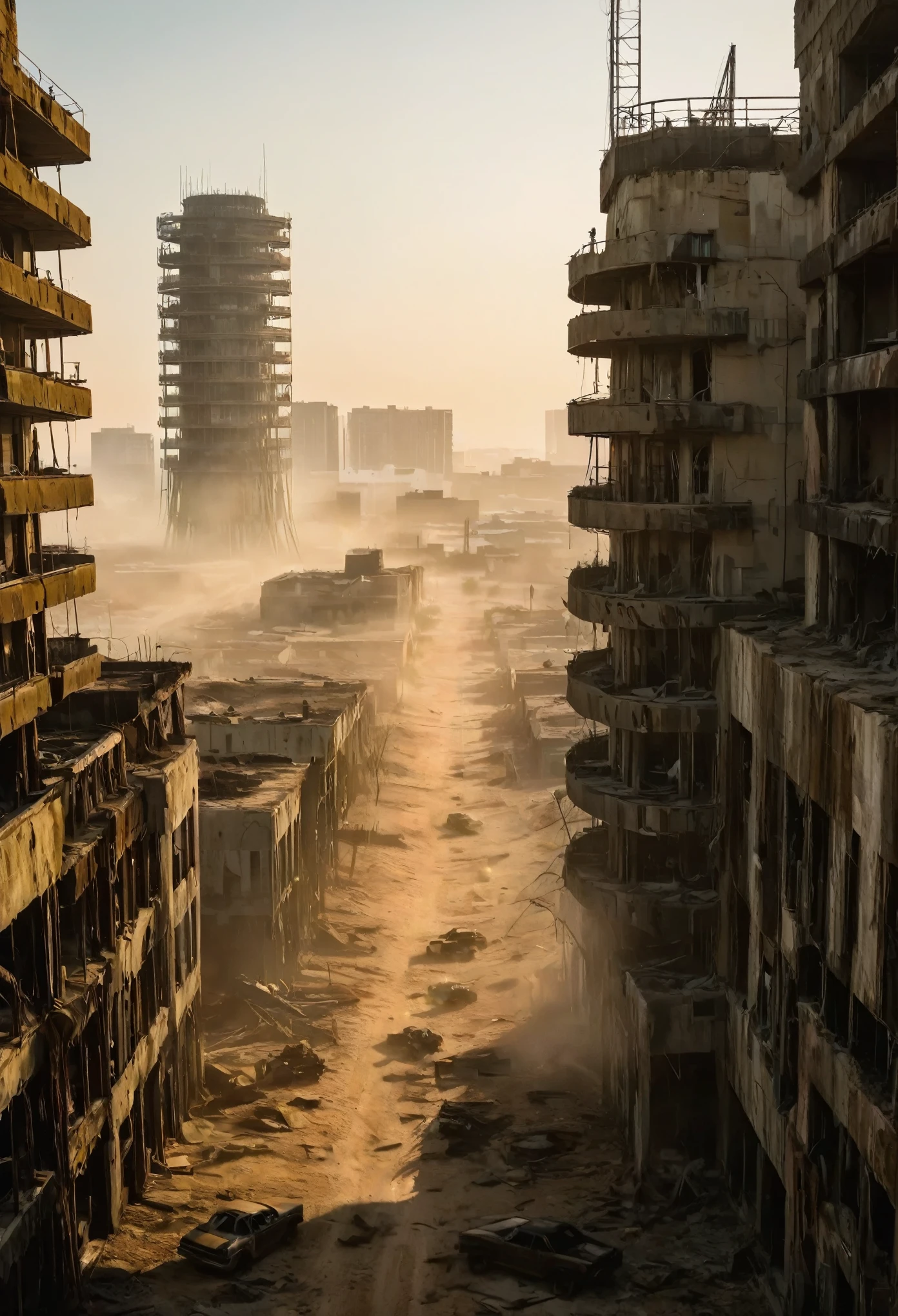 image of the view from inside the balcony of a tall circular tower in the center of a post-apocalyptic North American megalopolis, Vision of the whole city, mist; nuclear sunset, a cidade tem tons de cinza, has smoky structures, carros abandonados nas ruas, apocalipse, vegetation taking over the buildings, estilo madmax, uma garota linda e com roupas estilo madmax andando na rua ao longe, desert megalopolis, as realistic as possible, as detailed as possible