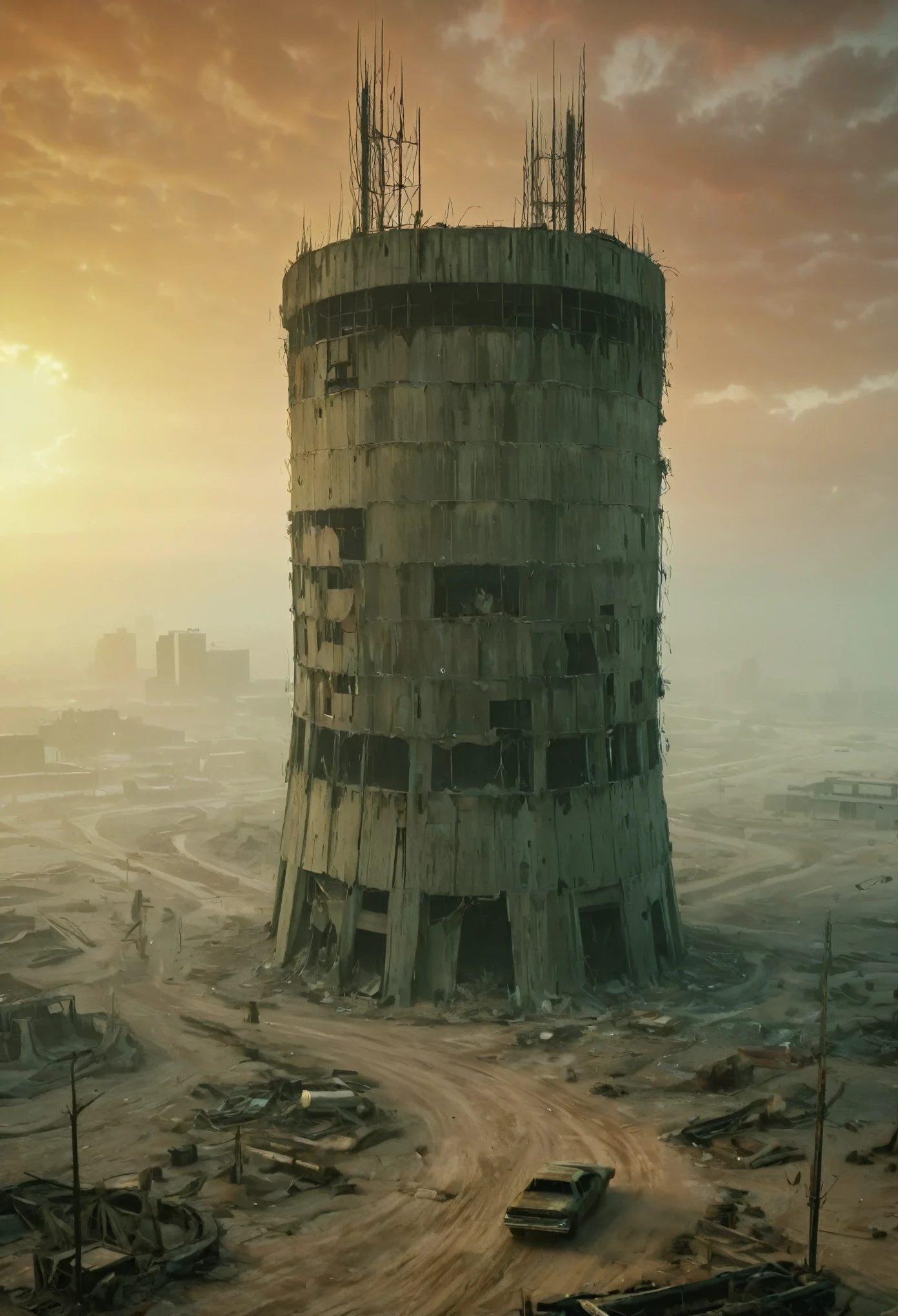 image of the view from inside the balcony of a tall circular tower in the center of a post-apocalyptic North American megalopolis, Vision of the whole city, mist; nuclear sunset, a cidade tem tons de cinza, has smoky structures, carros abandonados nas ruas, apocalipse, vegetation taking over the buildings, estilo madmax, uma garota linda e com roupas estilo madmax andando na rua ao longe, desert megalopolis, as realistic as possible, as detailed as possible