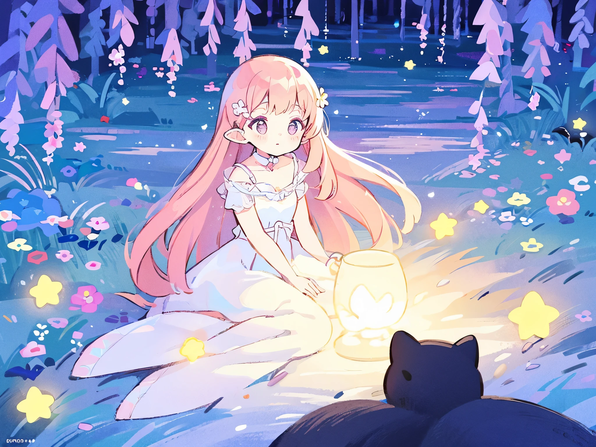 complex background, wishing star background, a woman wearing an ethereal mystical pink translucent dress that reflects the stars, perfume promo art, mystic, complex drawing, highly detailed, Covergirl brand, promo art, artistic rendition, ethereal, starry night, midjourney style, flowers, plants, magical star garden