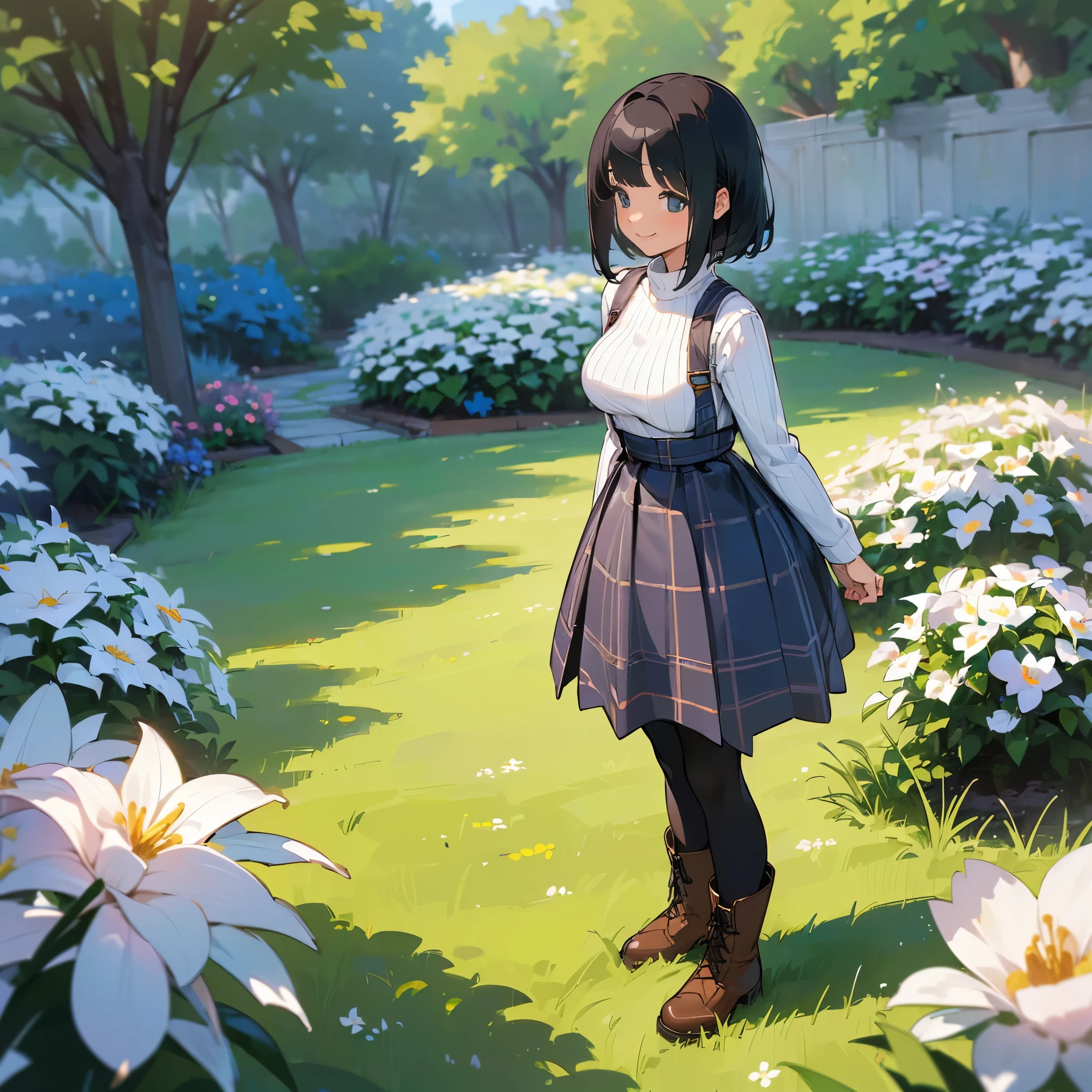 (high quality, High resolution, Super detailed, reality:1.37), peaceful atmosphere, (outdoor, garden ,flower), teenage girl standing alone, (my breasts are big.), Beautiful detail features, cute smile, (black bob hair), ribbed sweater, blue plaid skirt, black tights, brown boots.