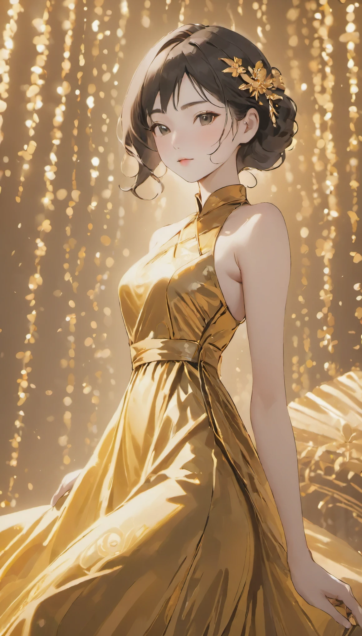 Asian woman posing in a gold dress, trending on cgstation, Smooth and shiny skin, gorgeous chinese model, real anime girl, 8K Art Germ Bokeh, seductive anime girl, beautiful and captivating anime , Trending on cgstation, chinese girl, Gwaites style artwork, beautiful and captivating anime woman